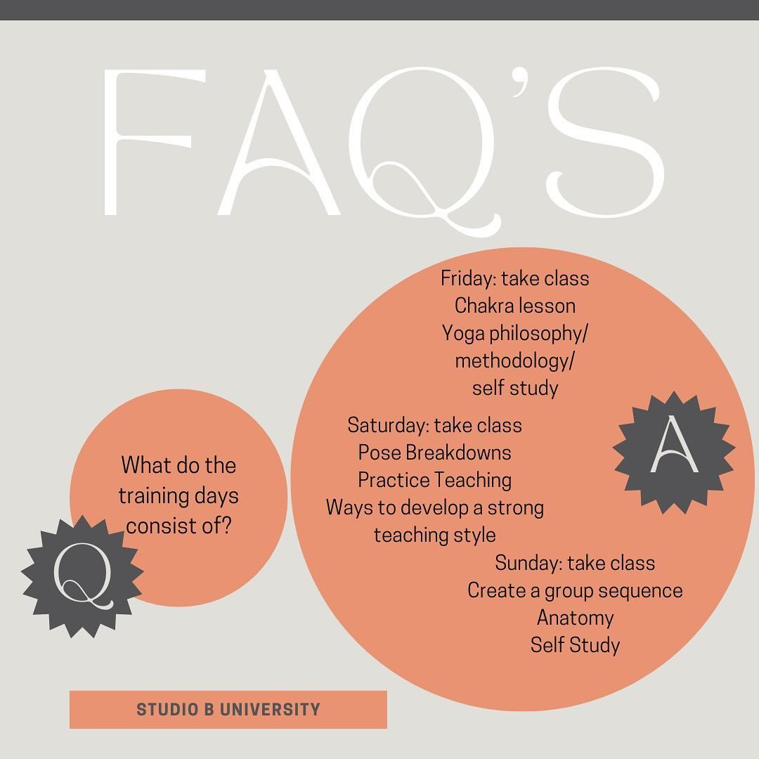 We have gotten a lot of questions about our upcoming Yoga Teacher Training and want to share the answers with everyone! 💭
 
Training Dates:
June 14-16
June 28-30
July 12-14
August 2-4
August 23-25
September 13-15
September 27-29
October 11-13
 
Earl