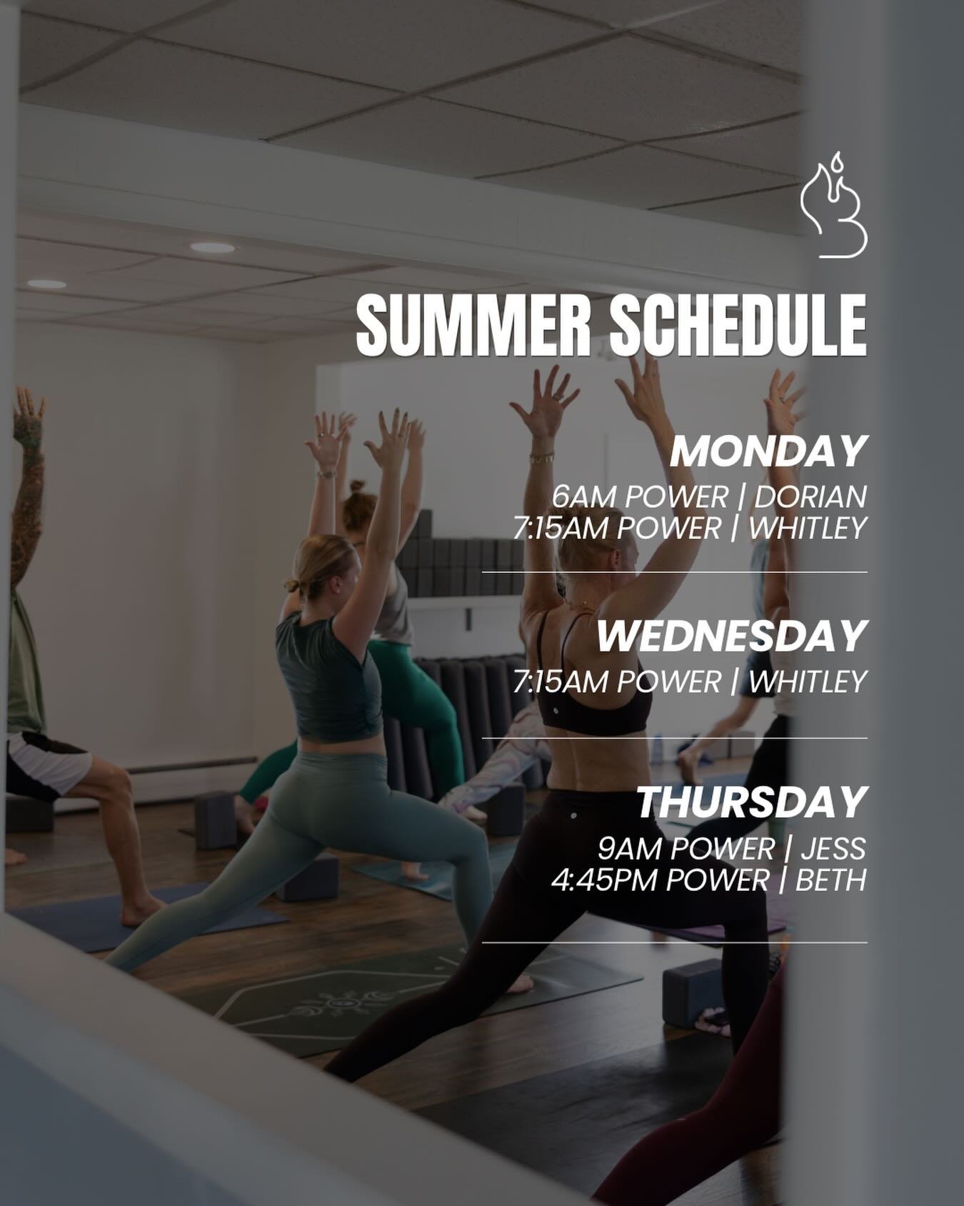 ☀️ S U M M E R ☀️ at STUDIO B!
 
Starting June 15 🔥🧡
 
We&rsquo;re adding: ✨ NEW 7:15am classes on Mondays + Wednesdays ✨ A NEW Thursday 9am class ✨ Teachers in new time slots throughout the week 
 
Something for everyone this summer ❤️&zwj;🔥 see 