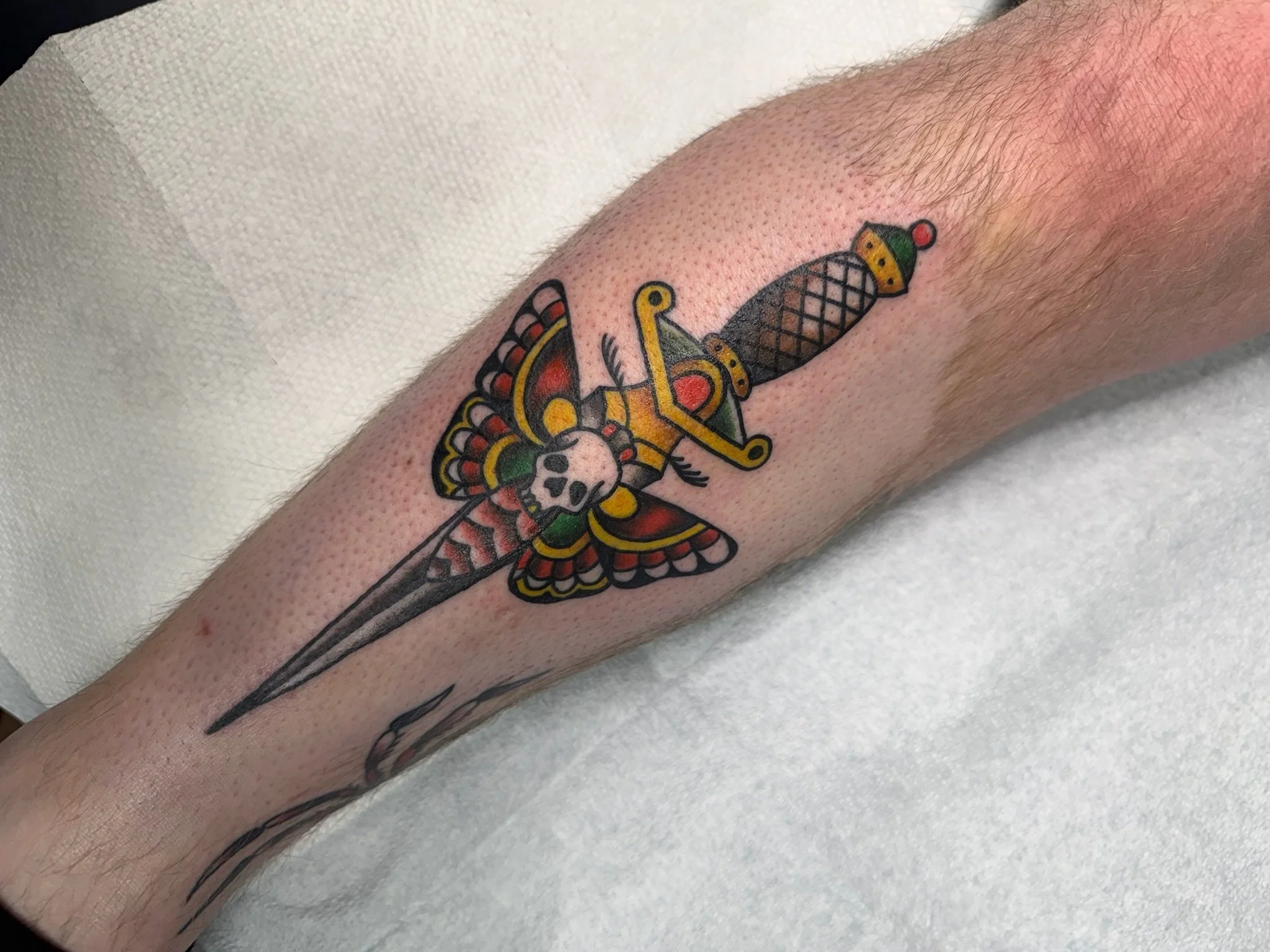 Death moth and dagger traditional style tattoo in full color ink by Leah Fries located at Moth to a Flame Tattoo Colorado Springs