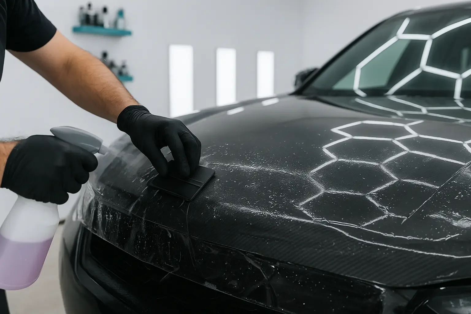 A small bottle of ceramic leather coating labeled 'Leather Shield' lying on a car seat with water droplets, close-up shot.
