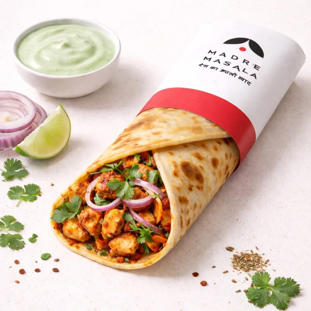 🌯 &iquest;Has probado un Kathi Roll?
Es uno de los street foods m&aacute;s famosos de la India 🇮🇳
Nuestra versi&oacute;n va en una tortilla de harina, rellena de: 
🔥 pollo tikka 
🔥 chana masala 
🔥 kebab de res 
Todo enrollado para comerlo f&aac