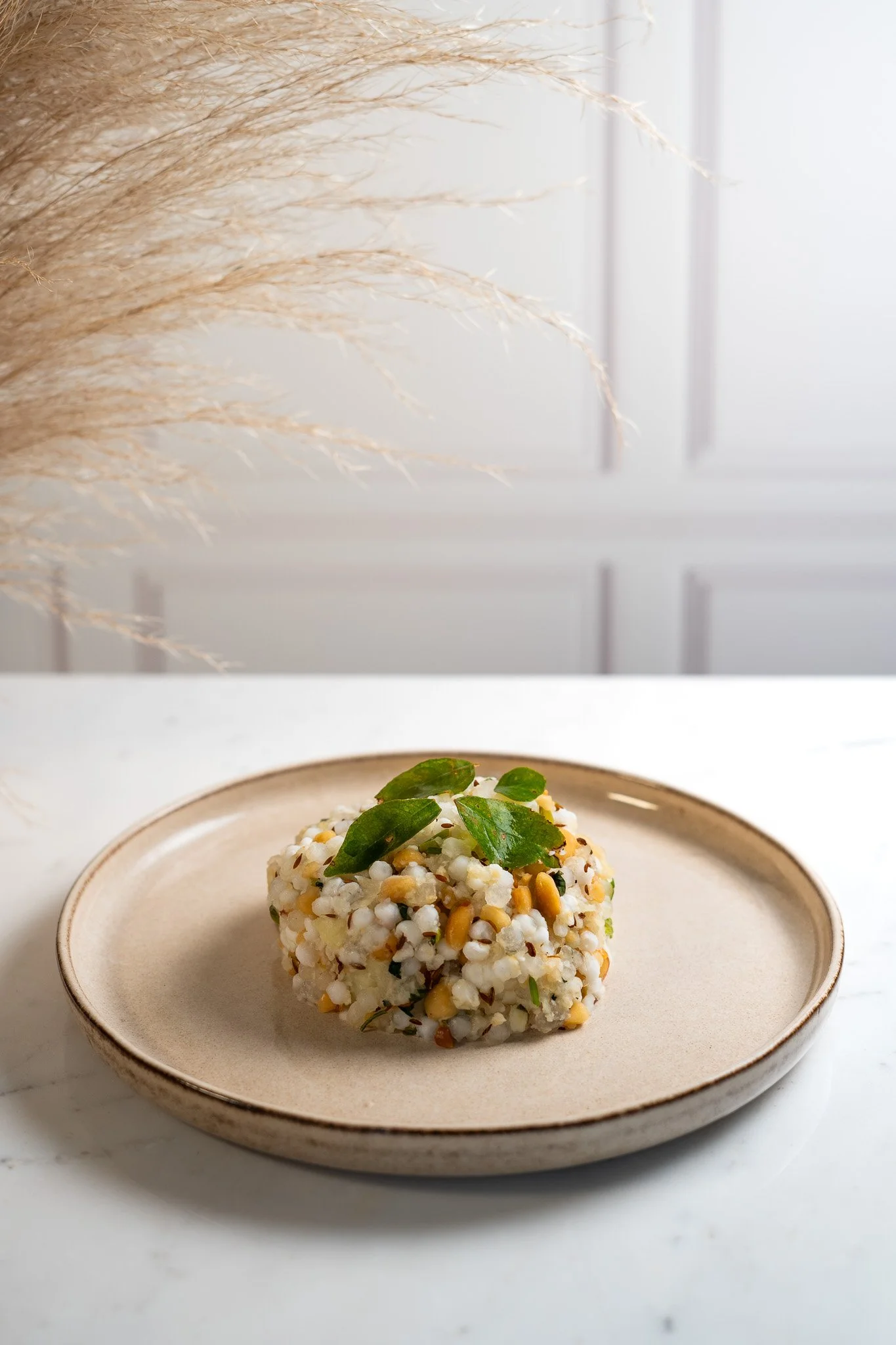 Una bola de queso con perejil y semillas, en un plato beige claro en una mesa de mármol, con fondo de pared blanca y planta decorativa