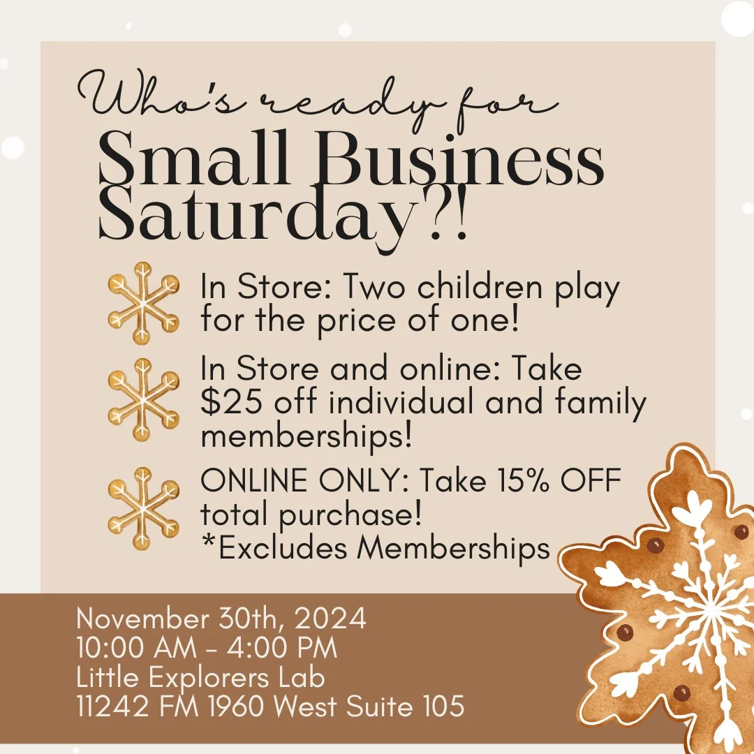 This Saturday is Small Business Saturday! We would love your support  as our business grows! We are so thankful for the community that has helped us reopen so that we can continue to impact children and their families! To show our gratitude we have s