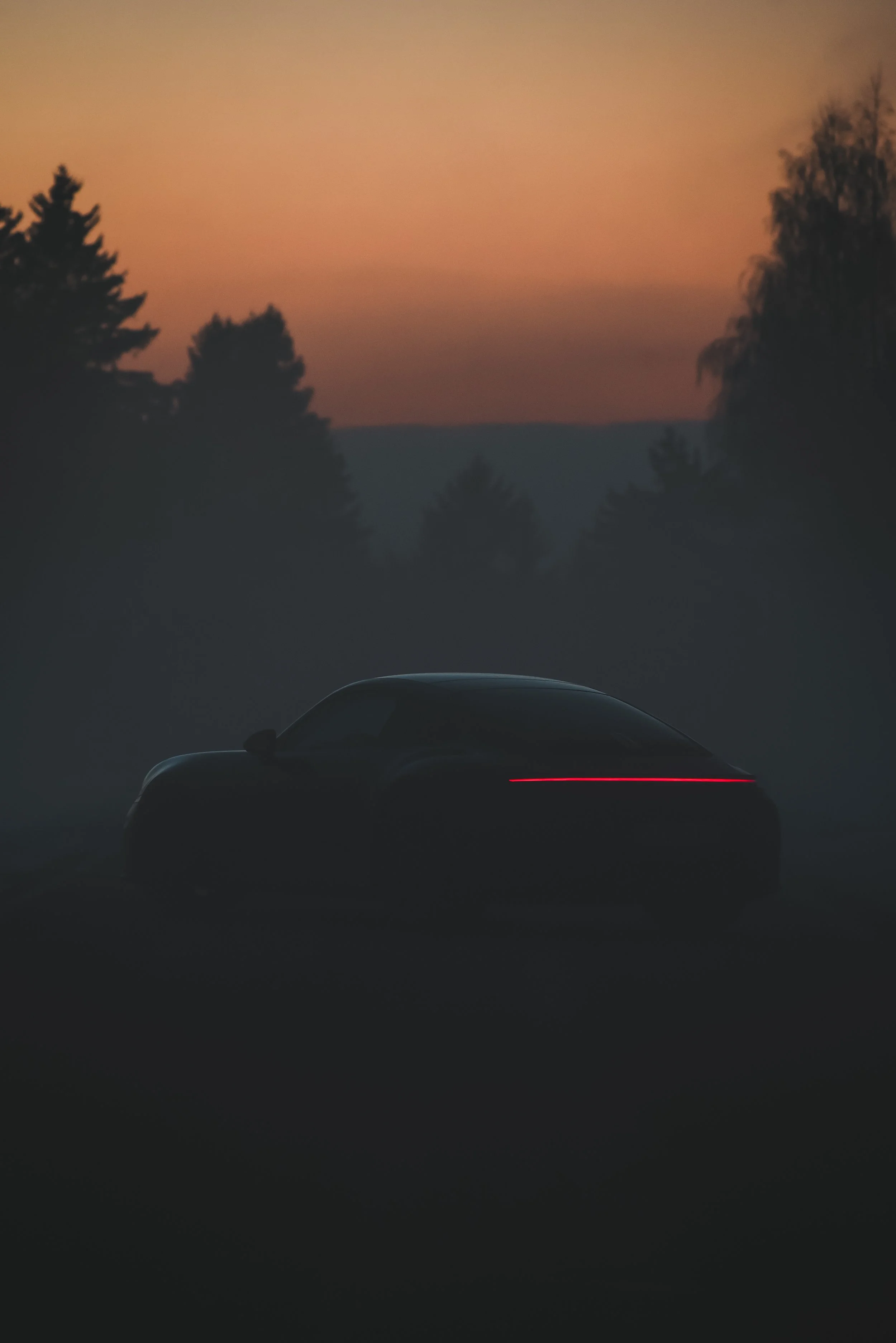 A dark, sleek Porsche 911 Carrera with a red rear light, parked outdoors during sunset or dusk with trees and a colorful sky in the background.