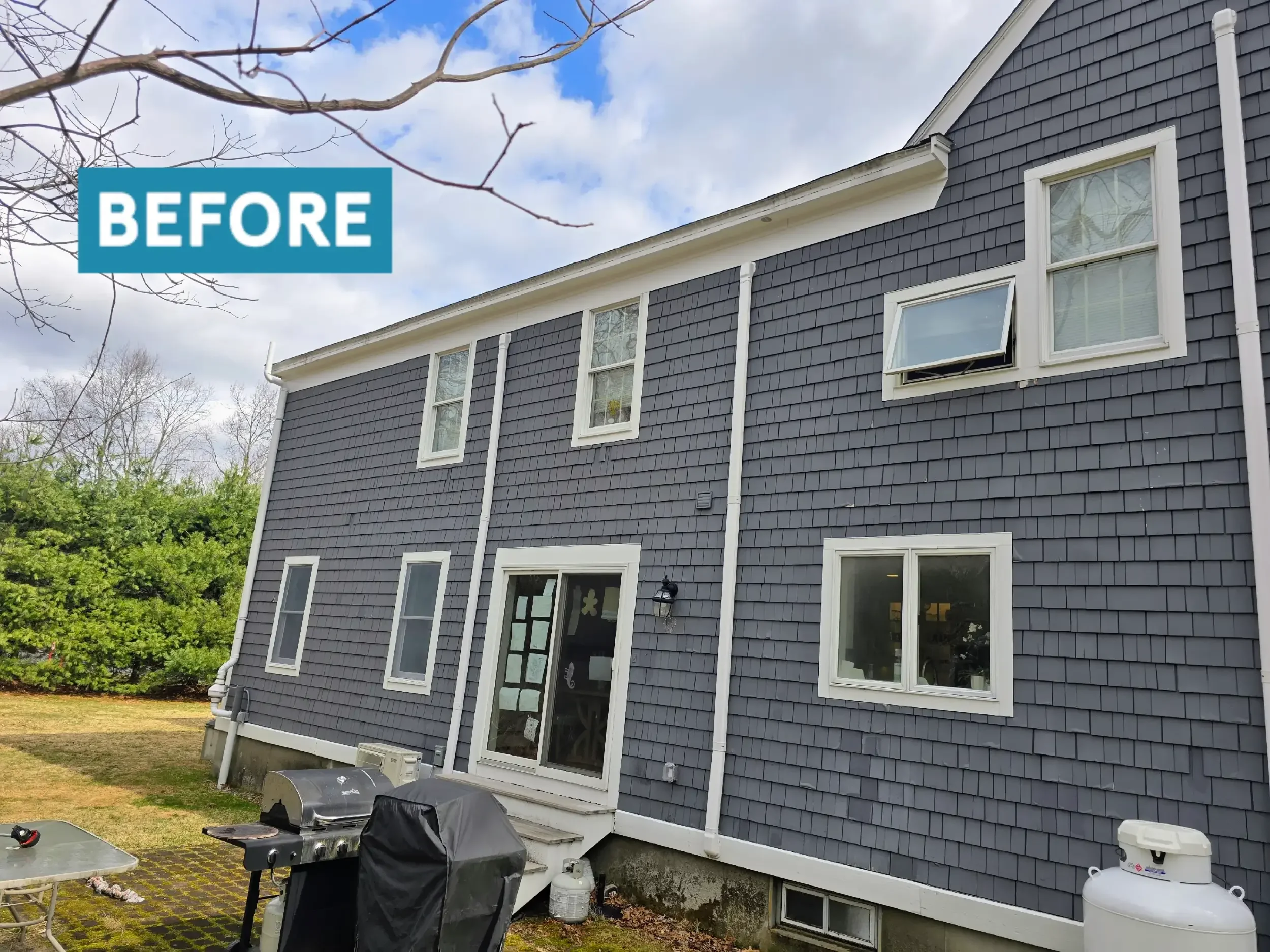 Before & after in Shrewsbury, MA 6" white aluminum seamless gutters with oversized 3x4 downspouts. Royalty Gutters LLC 2026