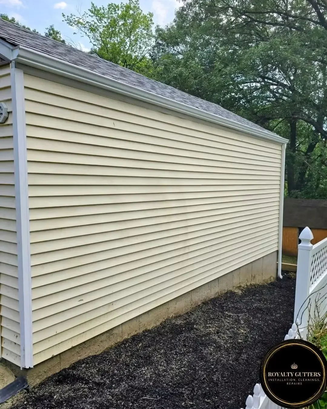Seamless Gutter Installation in Shrewsbury, MA  5-inch 0.32 aluminum seamless gutter with hidden hangers, 2x3 downspout, (2) insider miters and splash blocks -Royalty Gutters LLC 