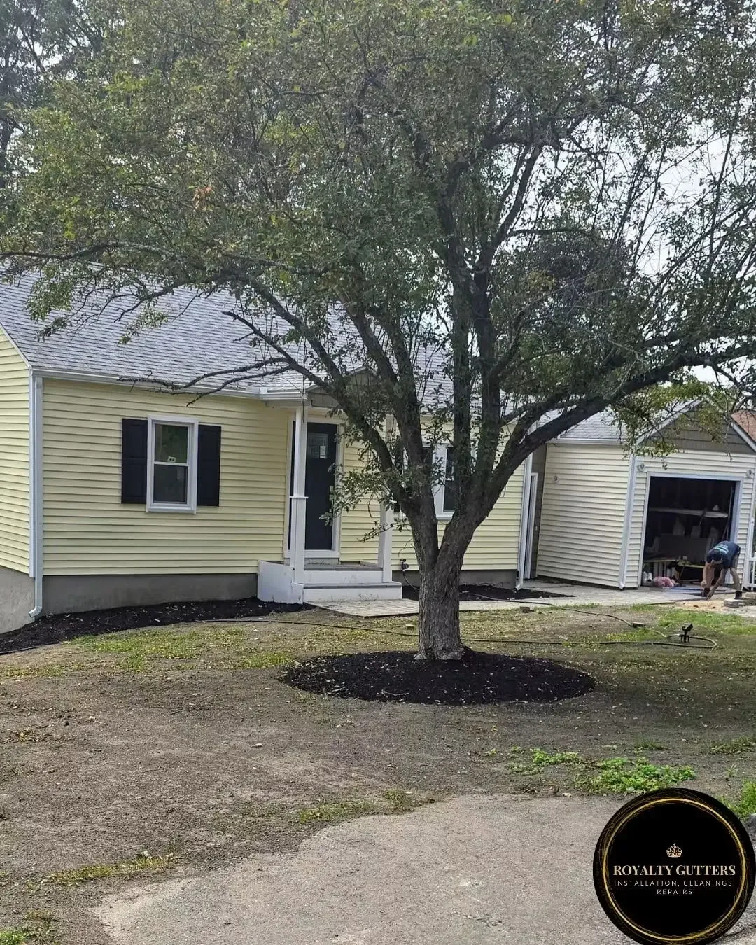 Seamless Gutter Installation in Shrewsbury, MA  5-inch 0.32 aluminum seamless gutter with hidden hangers, 2x3 downspout, (2) insider miters and splash blocks -Royalty Gutters LLC 