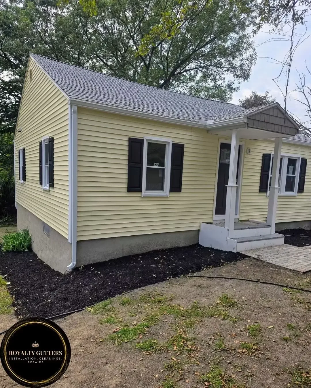 Seamless Gutter Installation in Shrewsbury, MA  5-inch 0.32 aluminum seamless gutter with hidden hangers, 2x3 downspout, (2) insider miters and splash blocks -Royalty Gutters LLC 