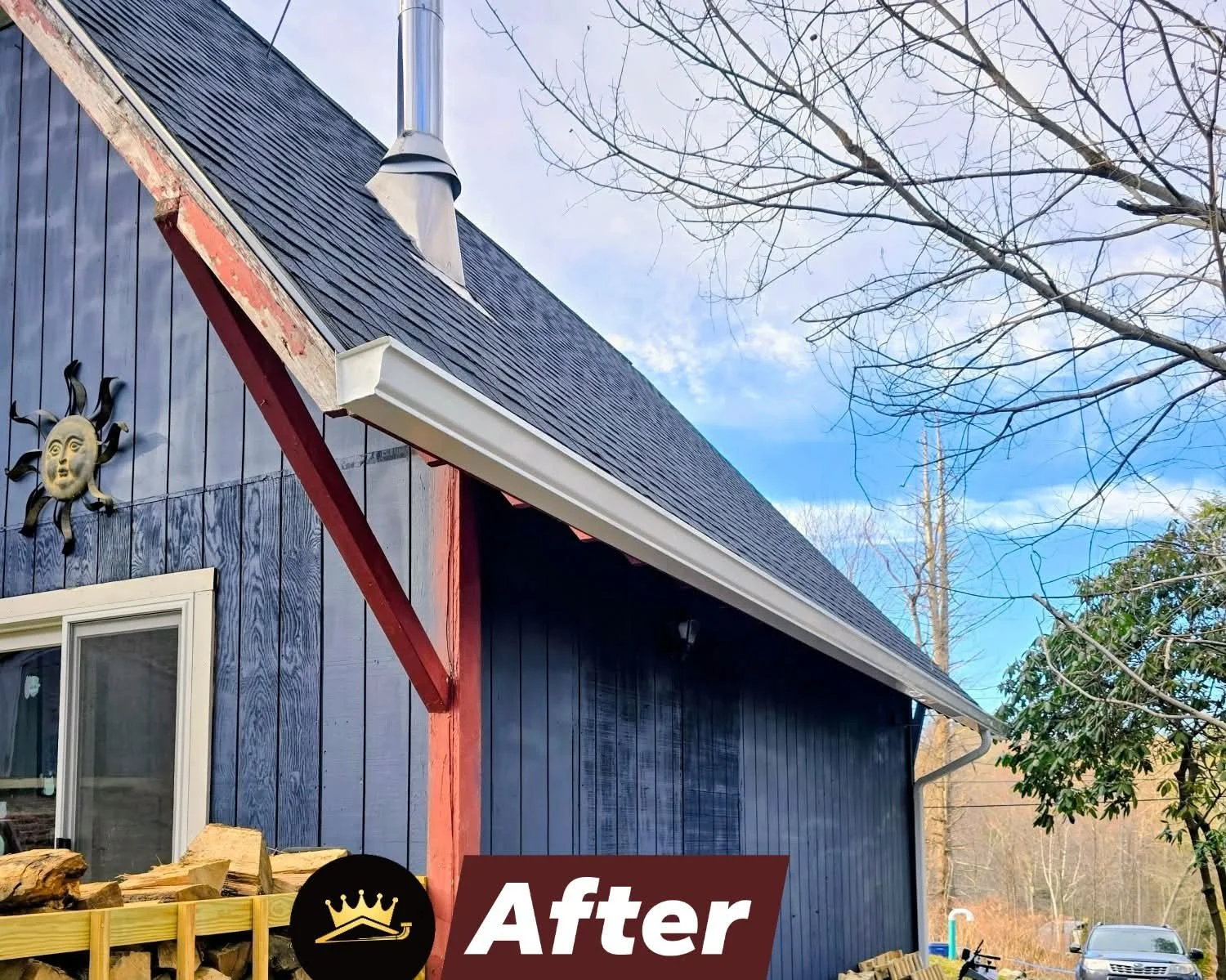 6-inch white aluminum seamless gutters with hidden hangers, 3x4 downspouts, and replacement of rotted fascia boards in Holland, MA