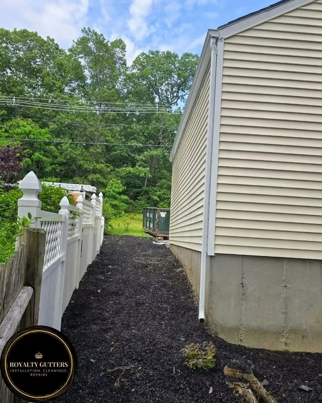 Seamless Gutter Installation in Shrewsbury, MA  5-inch 0.32 aluminum seamless gutter with hidden hangers, 2x3 downspout, (2) insider miters and splash blocks -Royalty Gutters LLC 