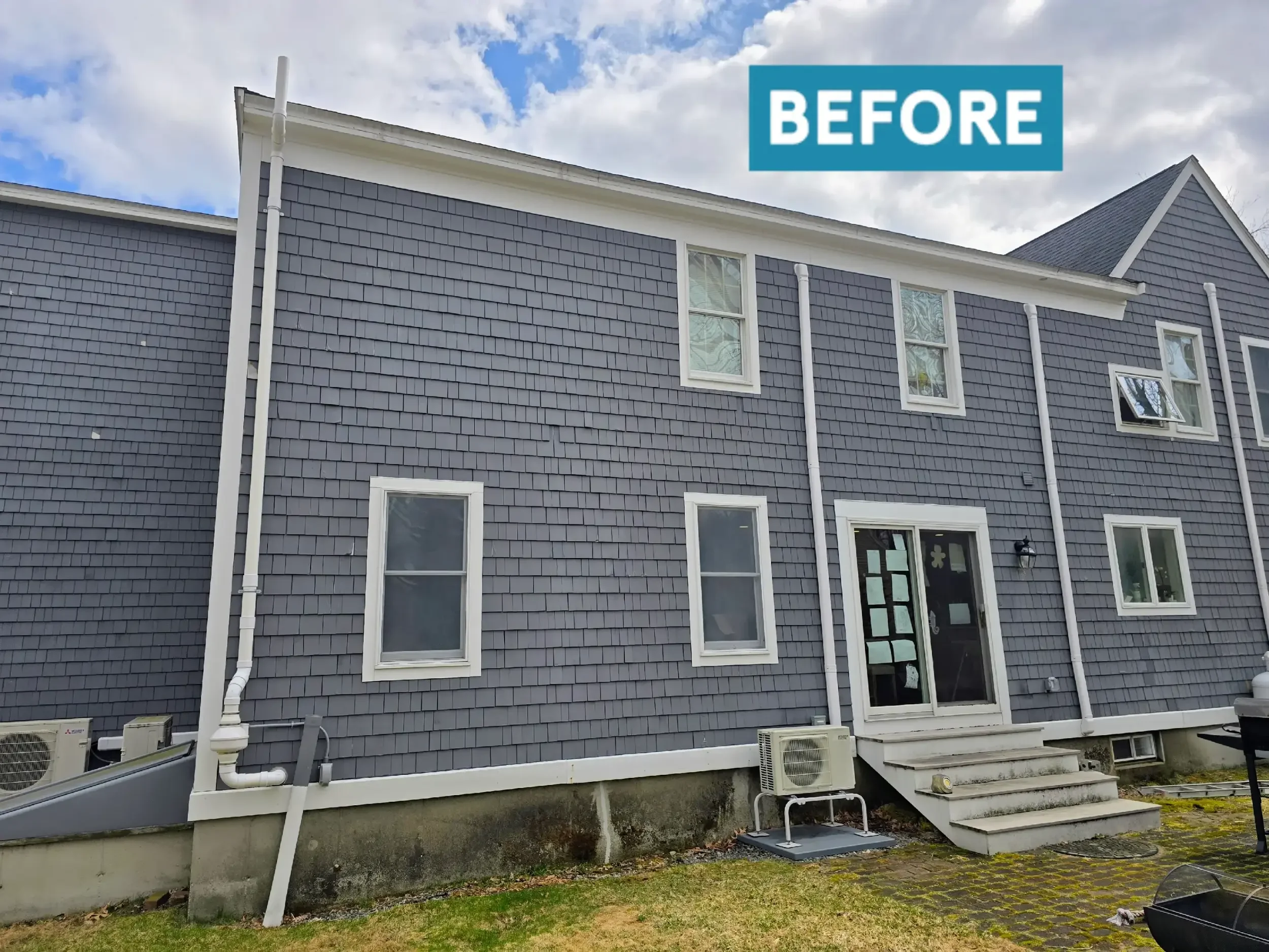 Before & after in Shrewsbury, MA 6" white aluminum seamless gutters with oversized 3x4 downspouts. Royalty Gutters LLC 2026