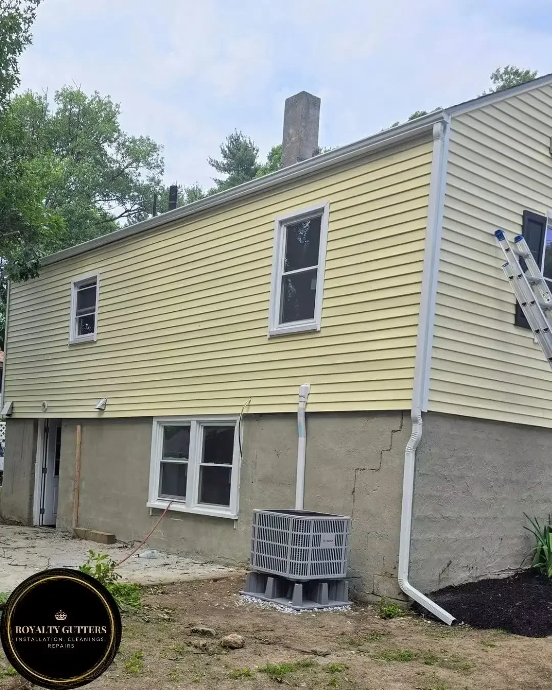 Seamless Gutter Installation in Shrewsbury, MA  5-inch 0.32 aluminum seamless gutter with hidden hangers, 2x3 downspout, (2) insider miters and splash blocks -Royalty Gutters LLC 