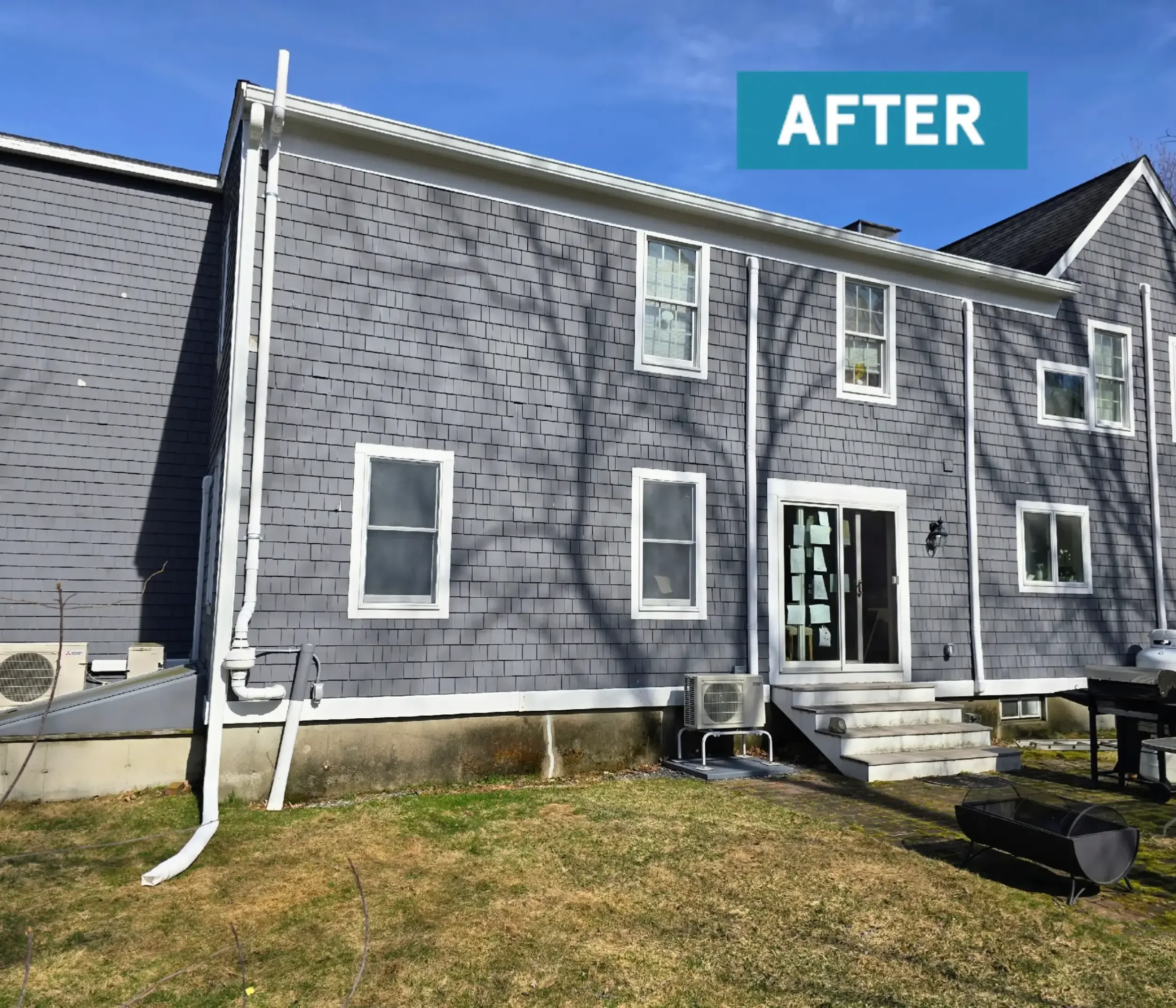 Before & after in Shrewsbury, MA 6" white aluminum seamless gutters with oversized 3x4 downspouts. Royalty Gutters LLC 2026