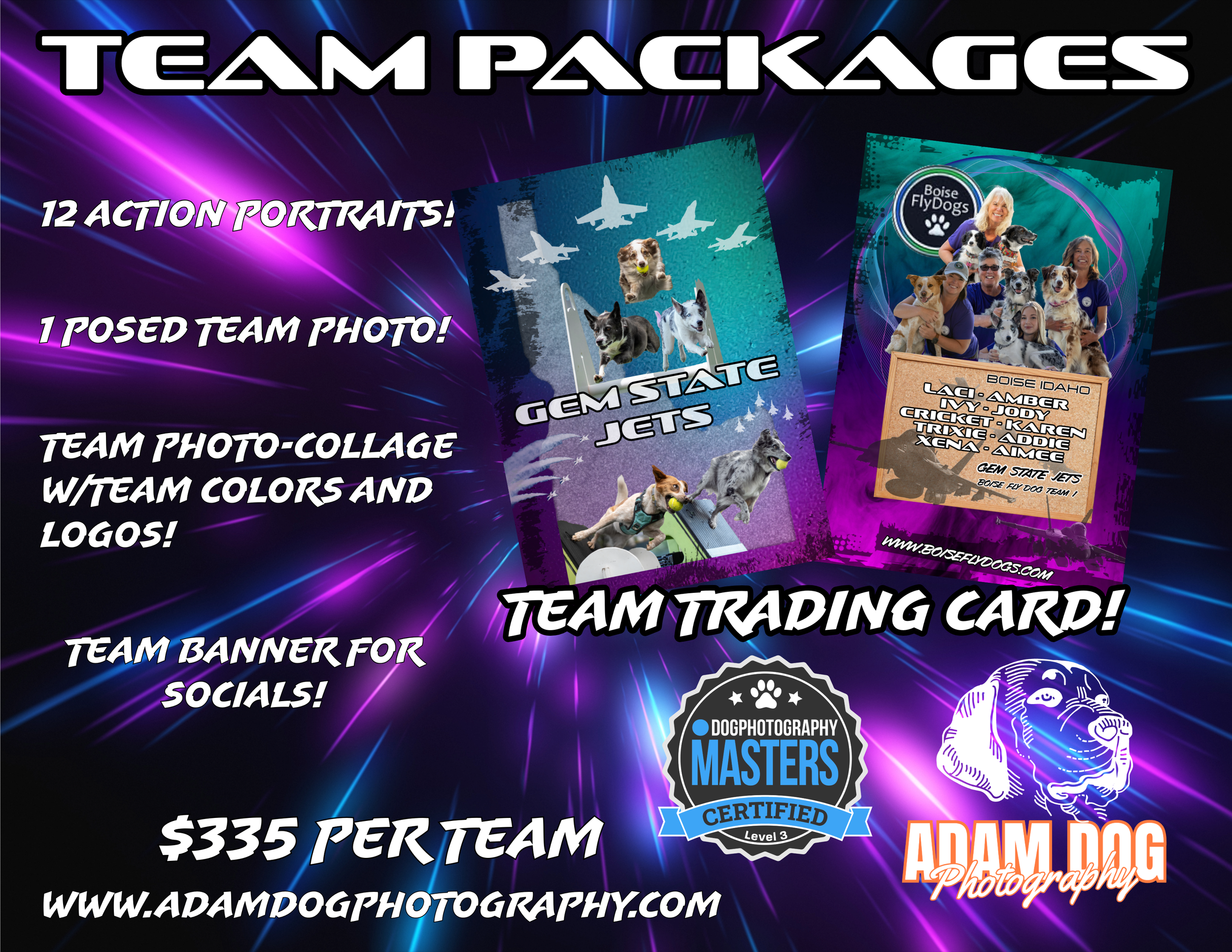 Promotional image for Adam Dog Photography featuring team packages including 12 action portraits, 1 posed team photo, a team photo-collage, a team banner, and a team trading card for $335. Includes website and certification badge.