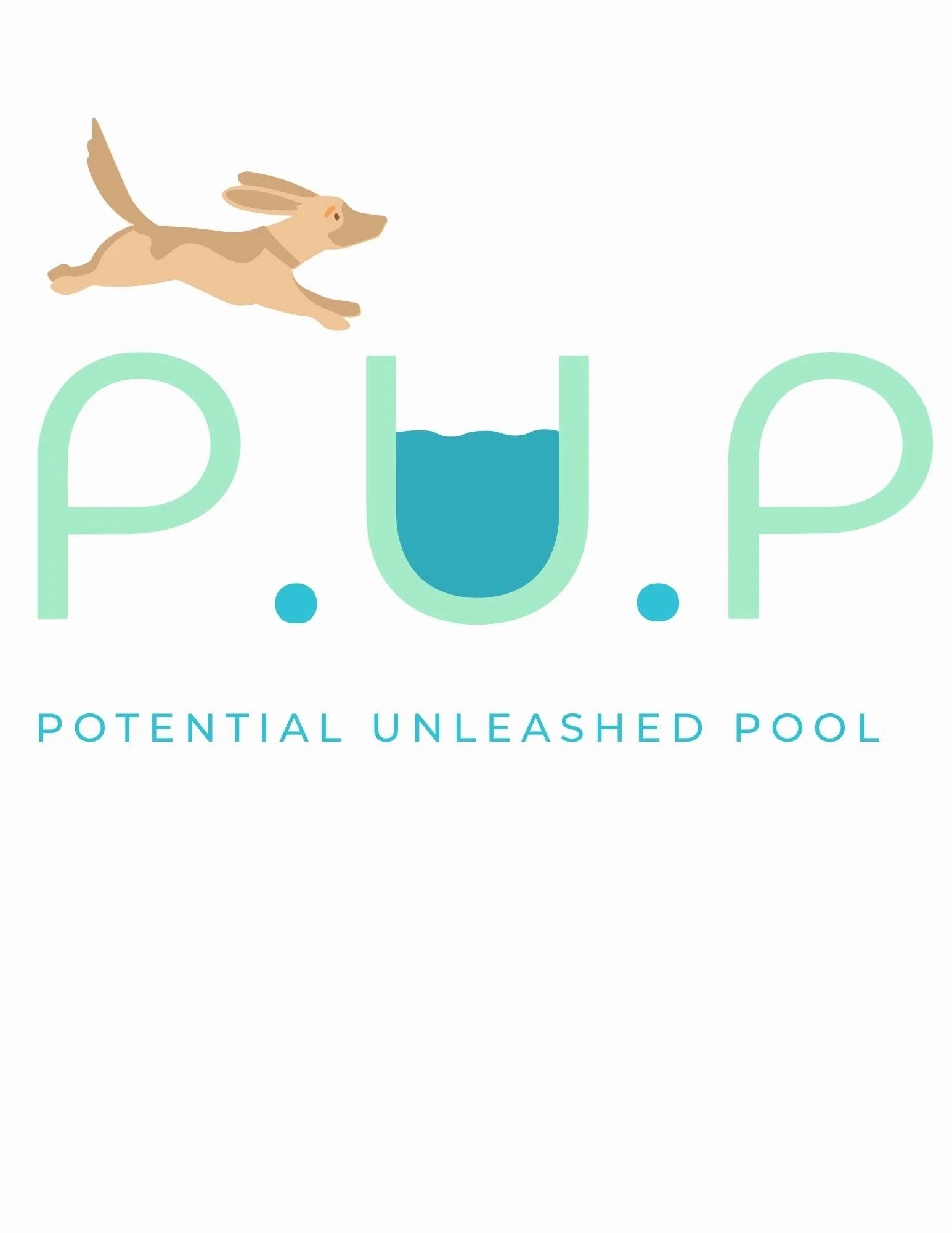 Logo with a cartoon dog leaping over the letters "P.U.P," styled with a water image in the "U," and the text "Potential Unleashed Pool."