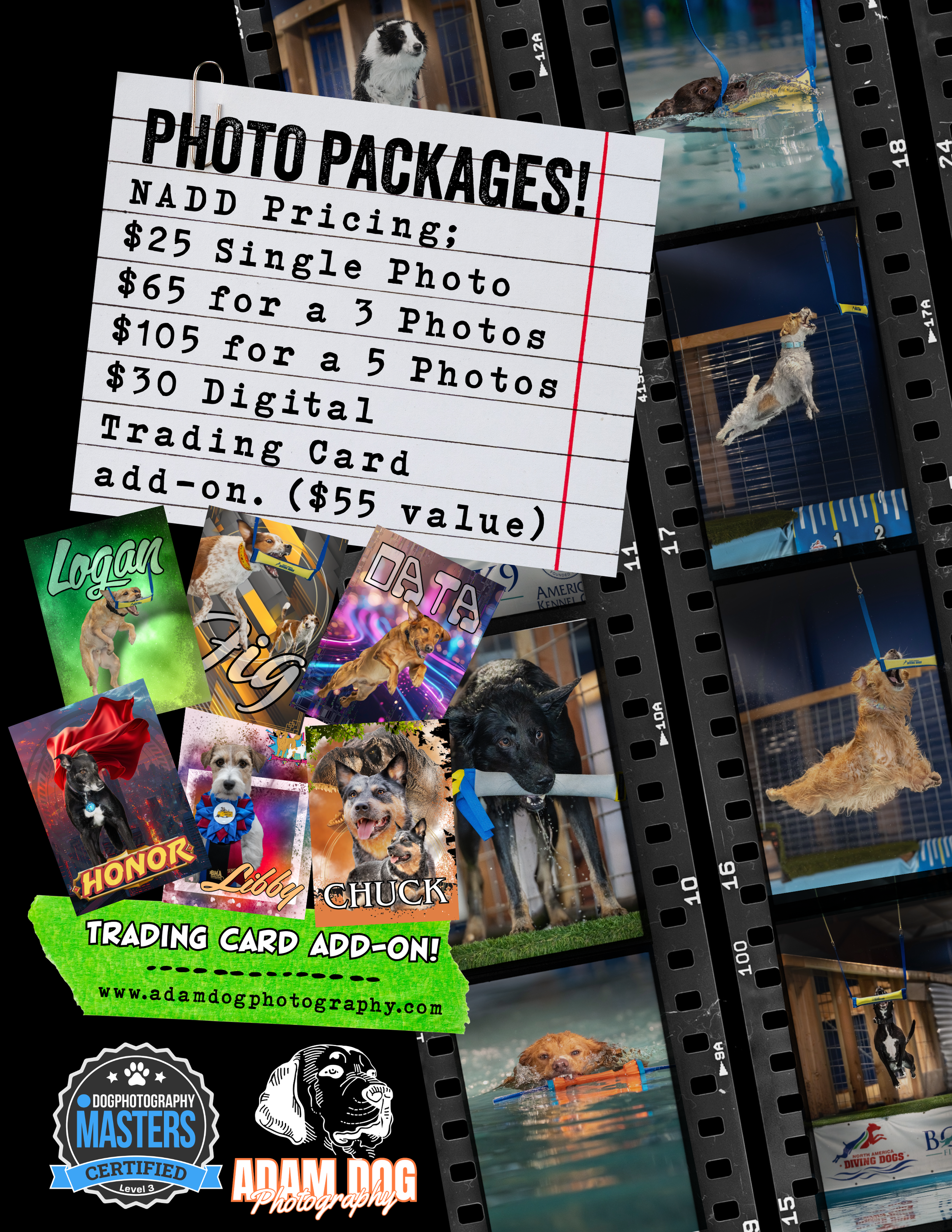 Collage of dog photography featuring pricing and packages from Adam Dog Photography, including photo and trading card options, with images of dogs in action. Website displayed: www.adamdogphotography.com.