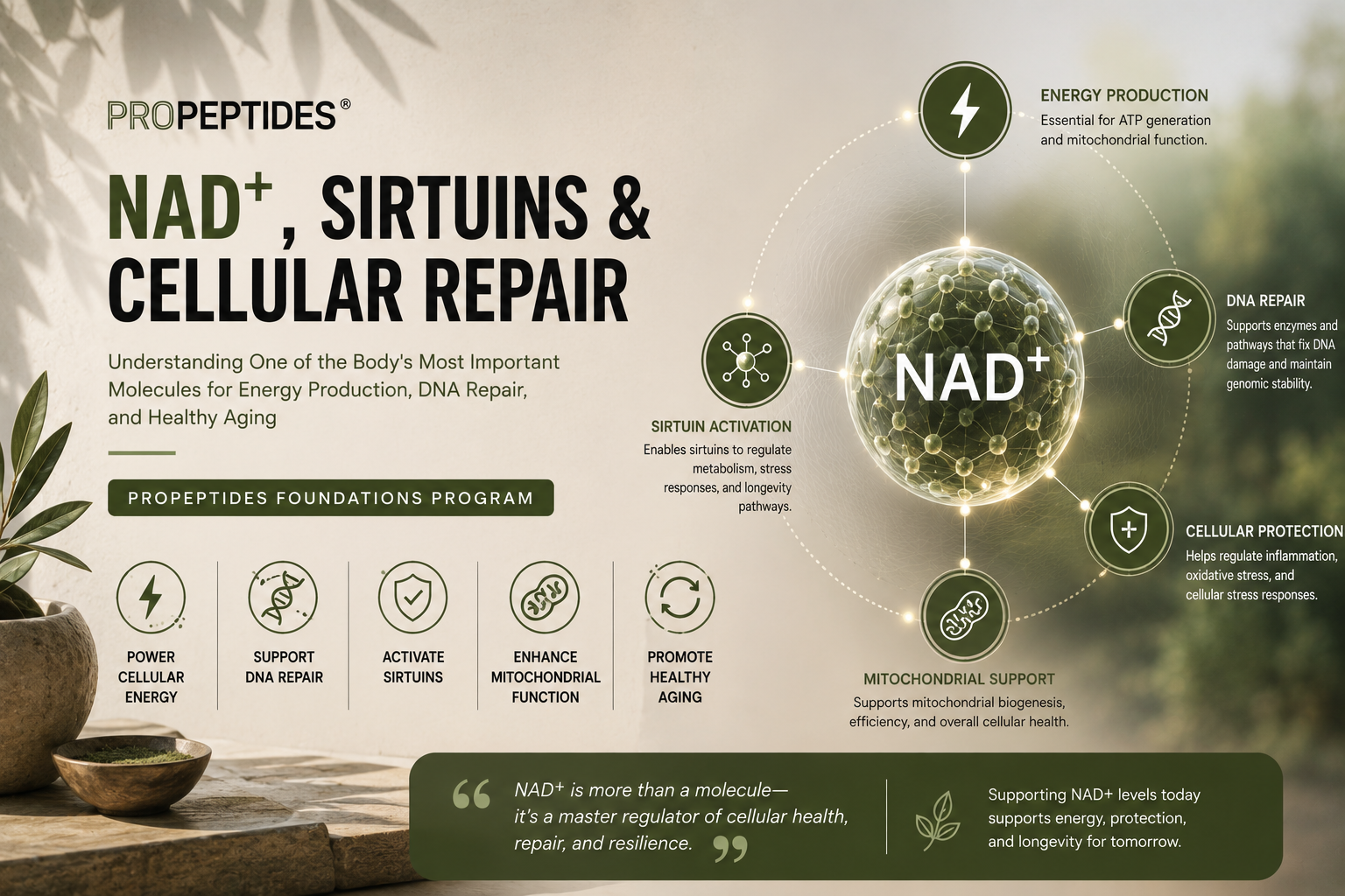 An infographic explaining NAD+ and its role in cellular repair, energy production, DNA repair, and healthy aging, featuring a 3D model of a molecule with icons for energy, DNA, cellular protection, mitochondrial support, and sirtuin activation.