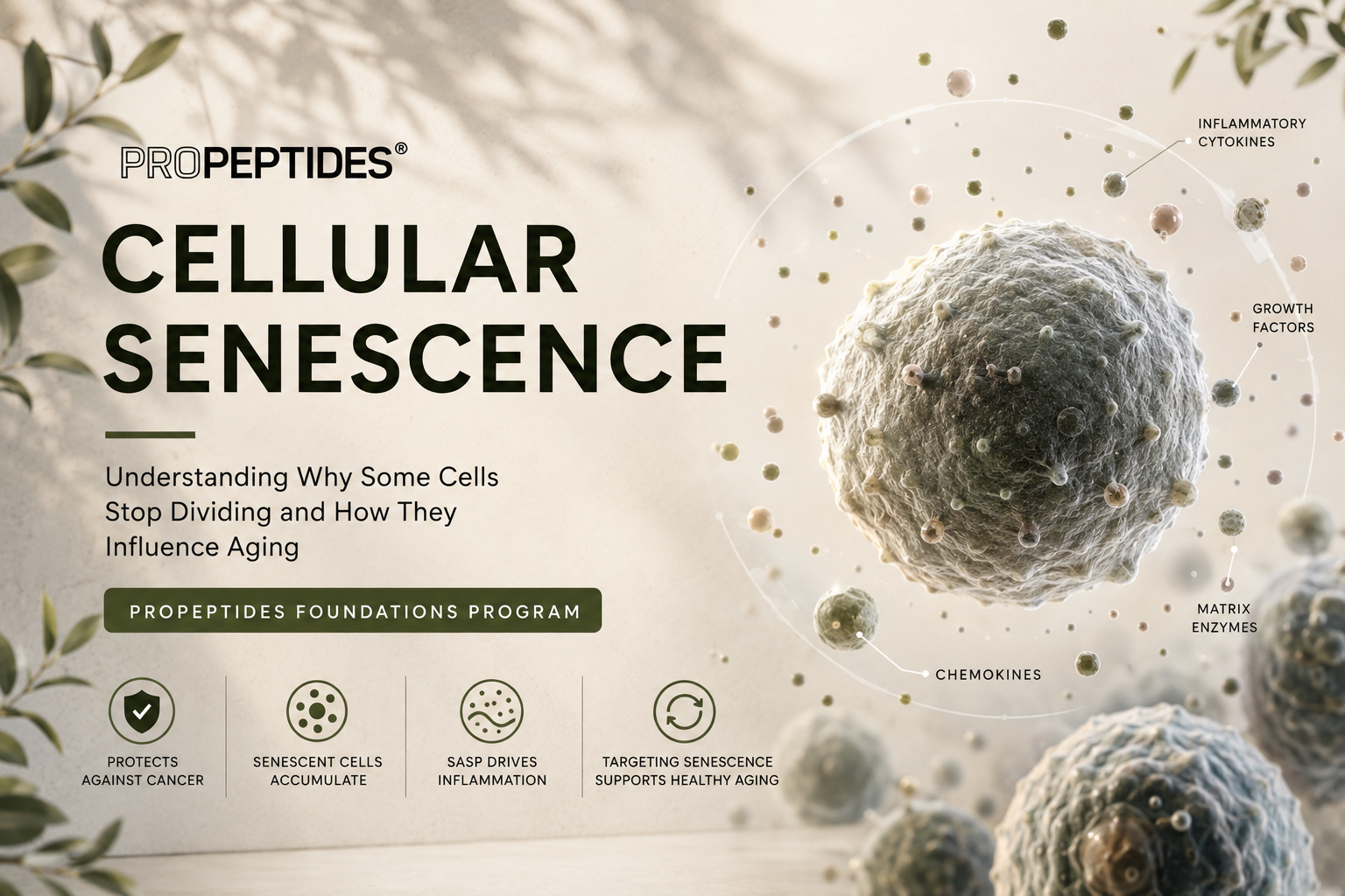 An informational graphic about cellular senescence and aging, featuring a large 3D cell illustration with labels such as inflammatory cytokines, growth factors, matrix enzymes, and chemokines. The background includes leaves and shadows, and text explains the program's focus on understanding cell division stopping and its impact on aging.