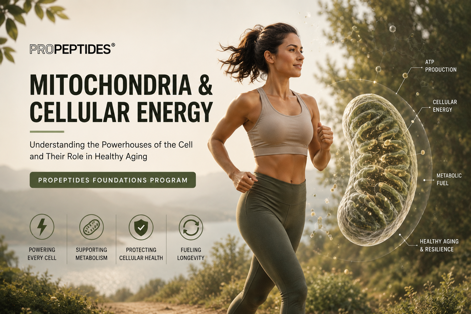 A woman jogging outdoors with a glowing illustration of a mitochondrion showing cellular energy, ATP production, and metabolic fuel, alongside text about mitochondria and cellular energy.