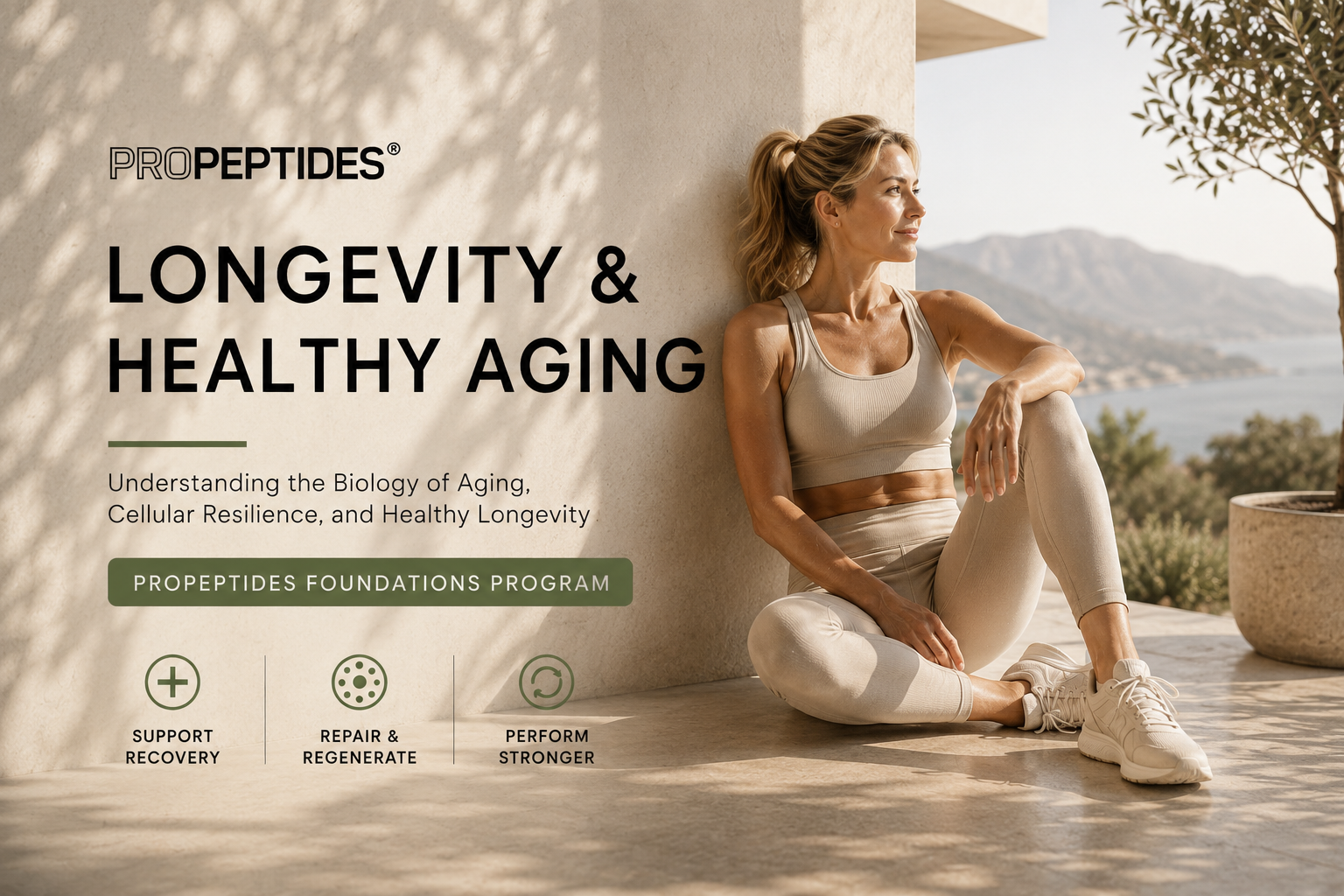 A woman in workout clothes sitting outdoors on a patio, overlooking a landscape of mountains and water, with promotional text about longevity and healthy aging.