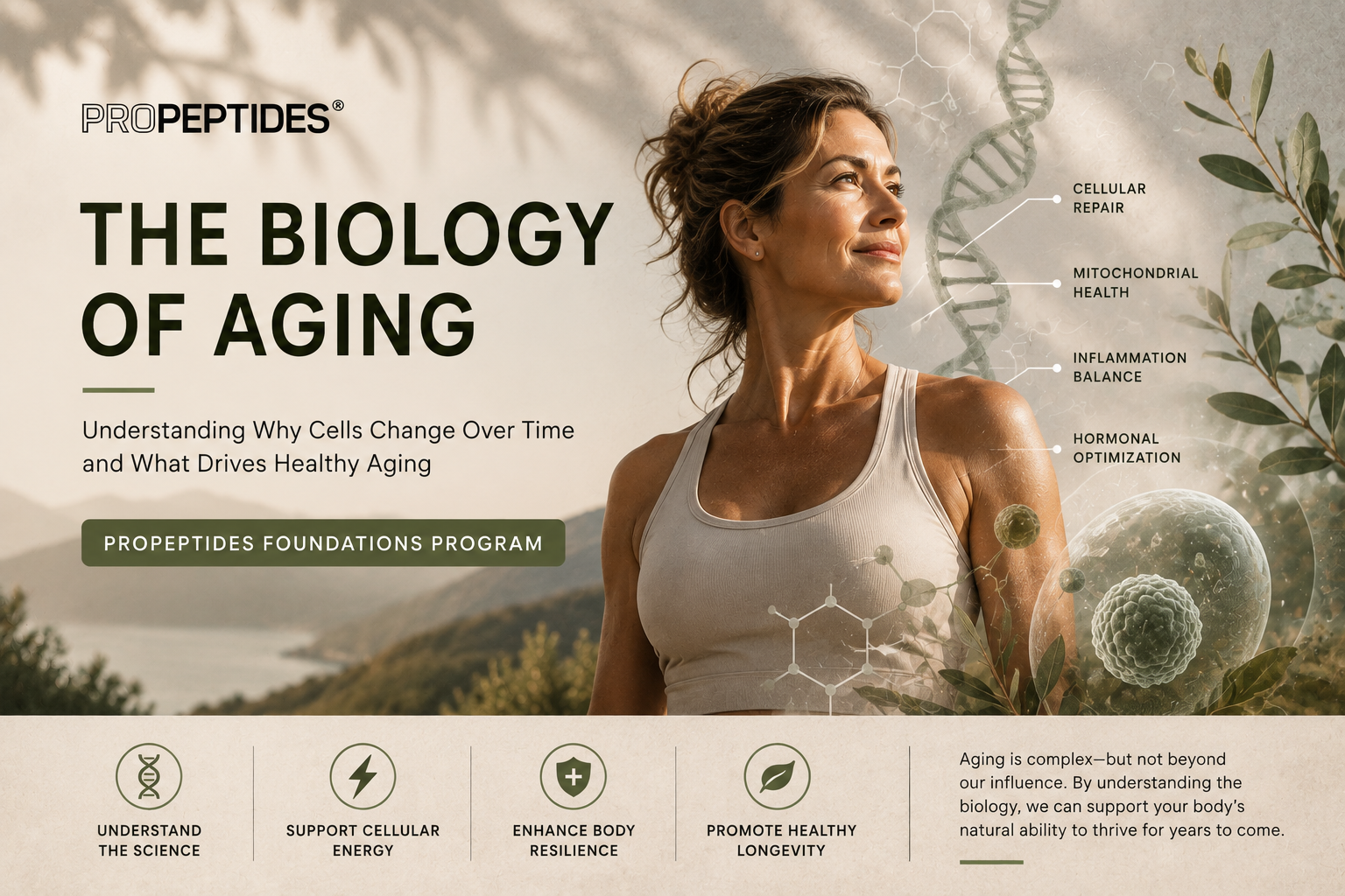 A woman with a confident expression looking to the side, standing outdoors with mountains and water in the background. The image features medical and biological graphics, including DNA strands and cells, with text about aging and cellular health.