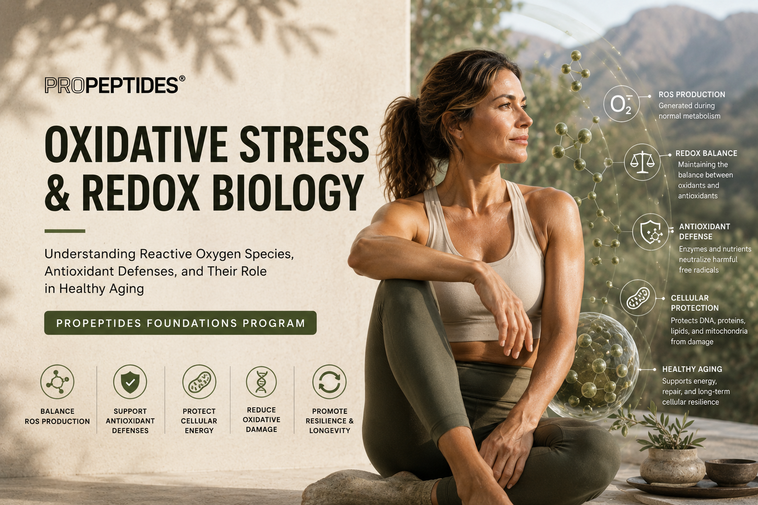 A woman sitting outdoors, with mountains and trees in the background, surrounded by text and icons about oxidative stress, redox biology, and health benefits of PROPEPTIDES, including diagrams of molecules and molecular processes.