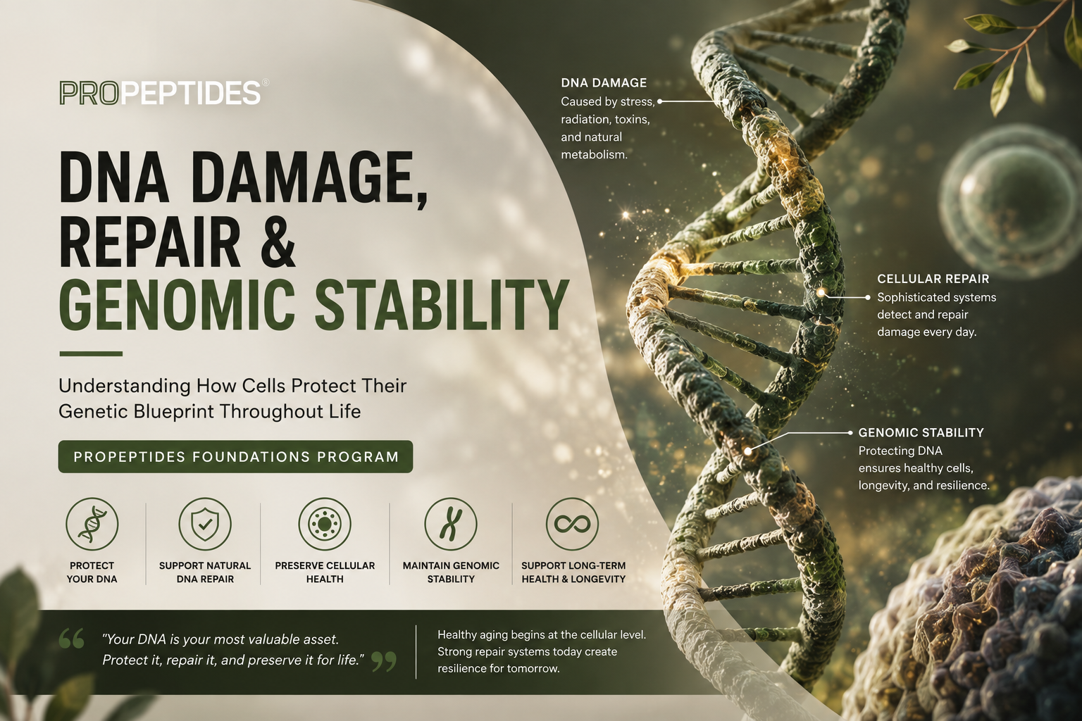 A digital graphic about DNA repair, damage, and stability, featuring a detailed DNA double helix, with labels and text discussing DNA damage causes, cellular repair mechanisms, and genomic stability, along with icons representing DNA protection, repair, health, and longevity.