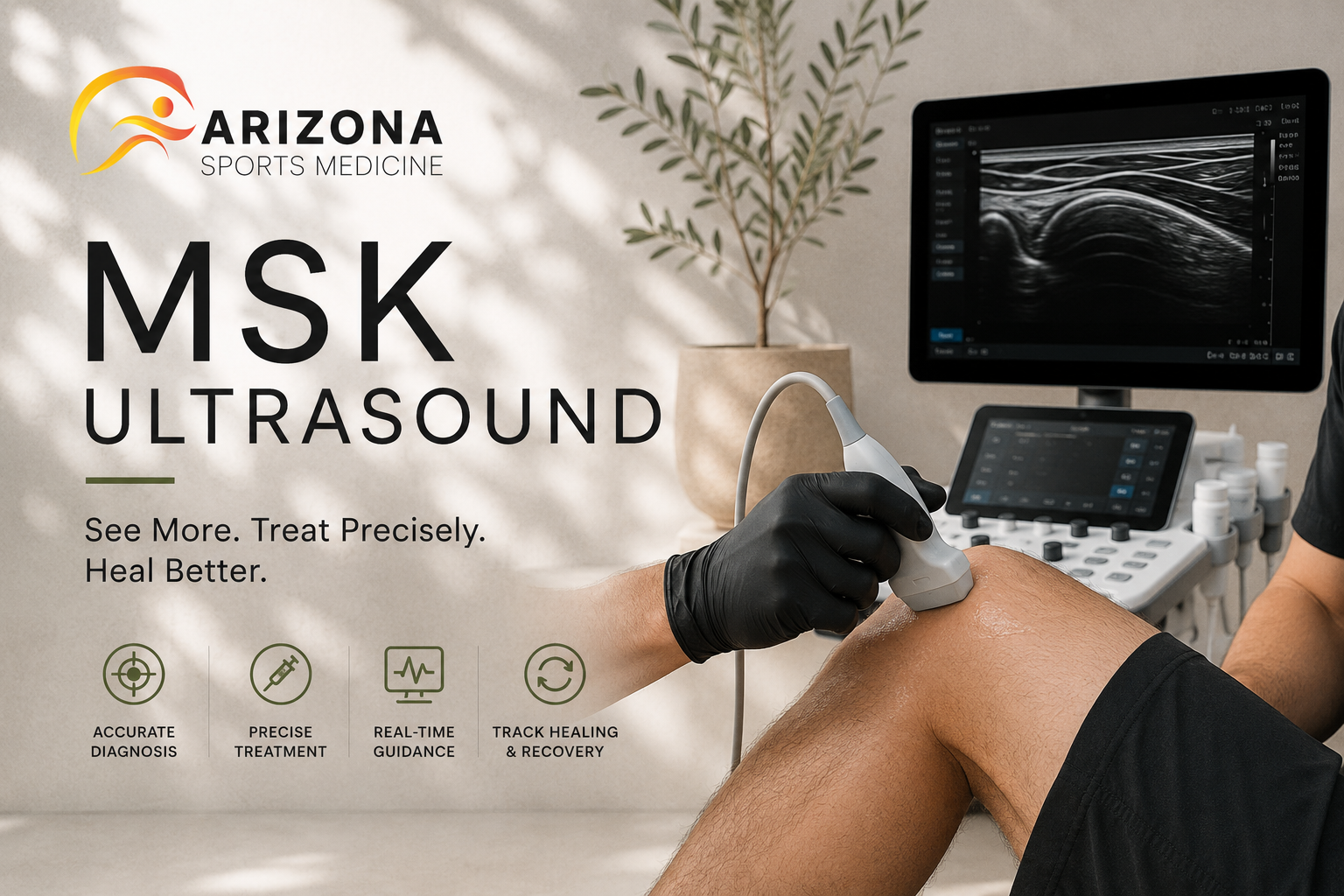 A medical professional uses an ultrasound device on a patient's knee. The screen shows an ultrasound image, and hospital equipment and a plant are in the background.