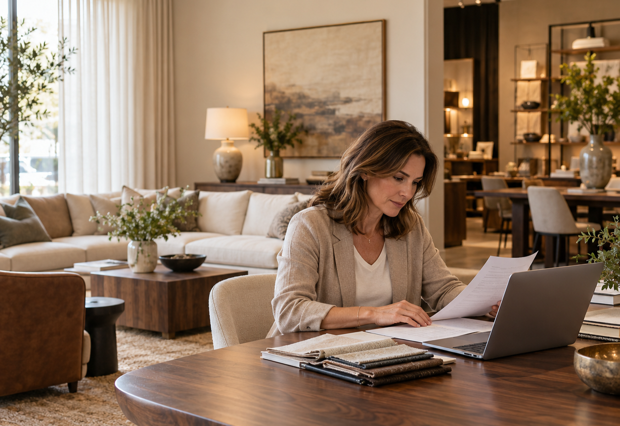 Woman reviewing paperwork at a walnut table with a laptop and fabric samples in a furniture showroom.