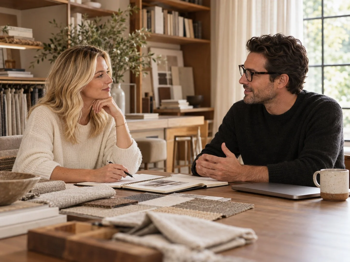 Two professionals talking at a wooden table with fabric samples and an open notebook in a furnishings studio.