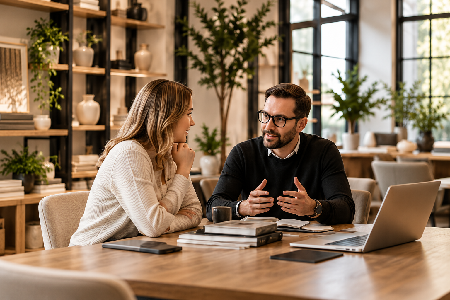 Two professionals discussing career opportunities at a table in a home furnishings studio.