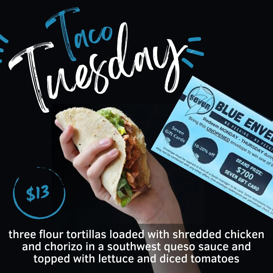 🌮 Taco Tuesday + Blue Envelope redemption day 💙
Reminder to open your envelope at the start of your meal &mdash; any coupons must be redeemed the same day they&rsquo;re opened.