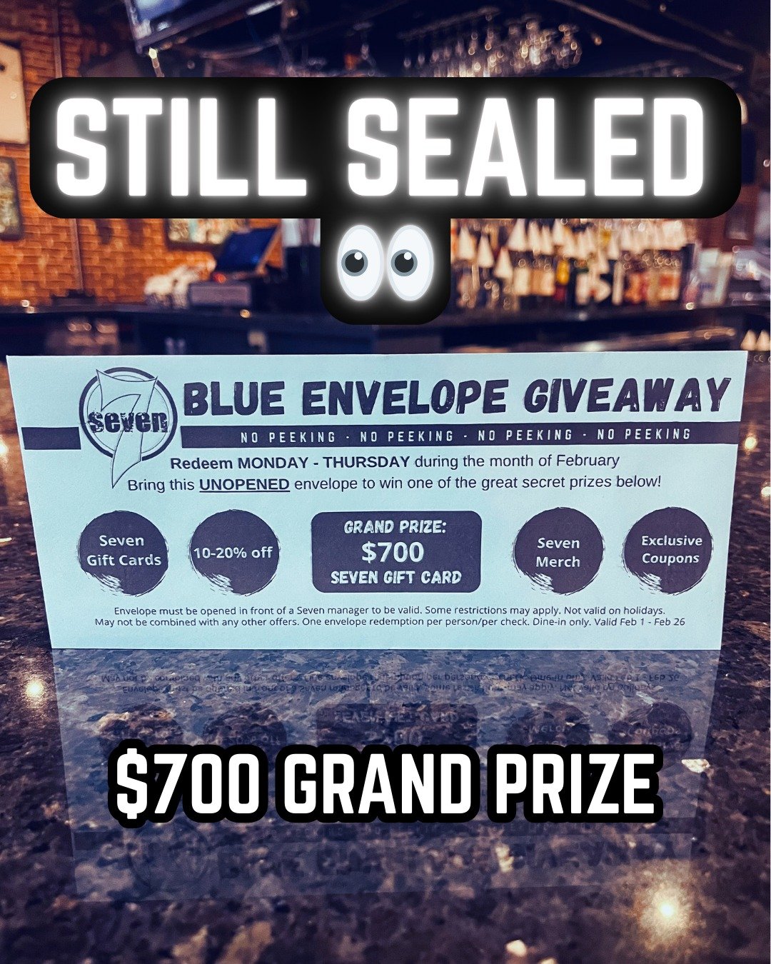Will this be the week? 

The $700 Grand Prize has not been opened yet. 💙

If you earned a Blue Envelope in January, redemption is happening now &mdash; Monday through Thursday only.