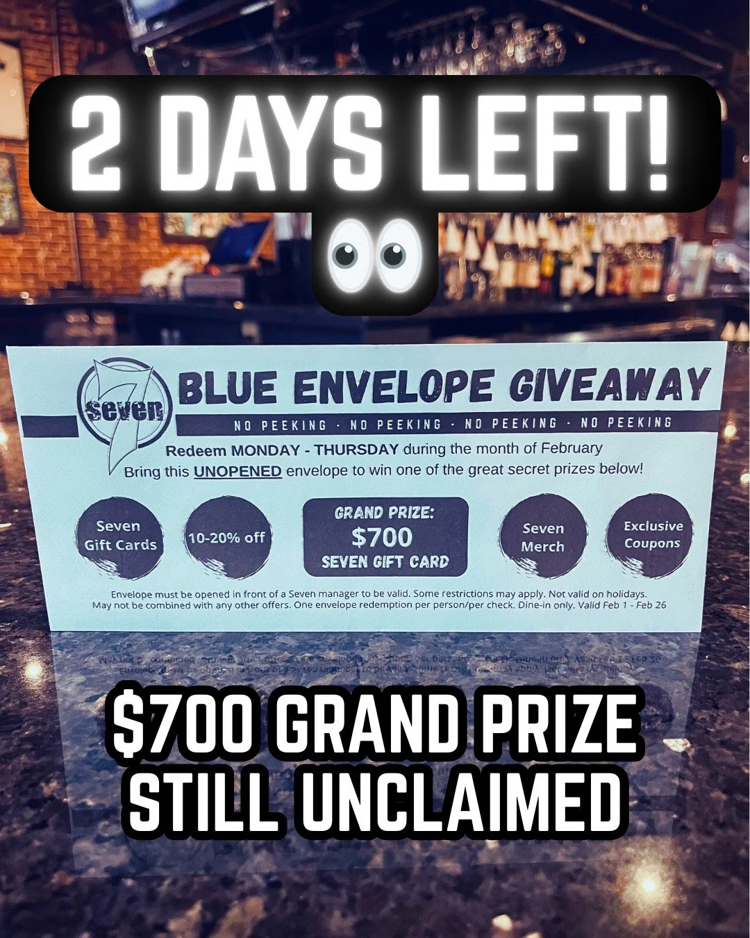 It&rsquo;s the LAST 2 DAYS to open blue envelopes! 💙✨
Today &amp; tomorrow only &mdash; and the $700 grand prize is still up for grabs! 💰😱
*All envelopes void after 2/26/26*