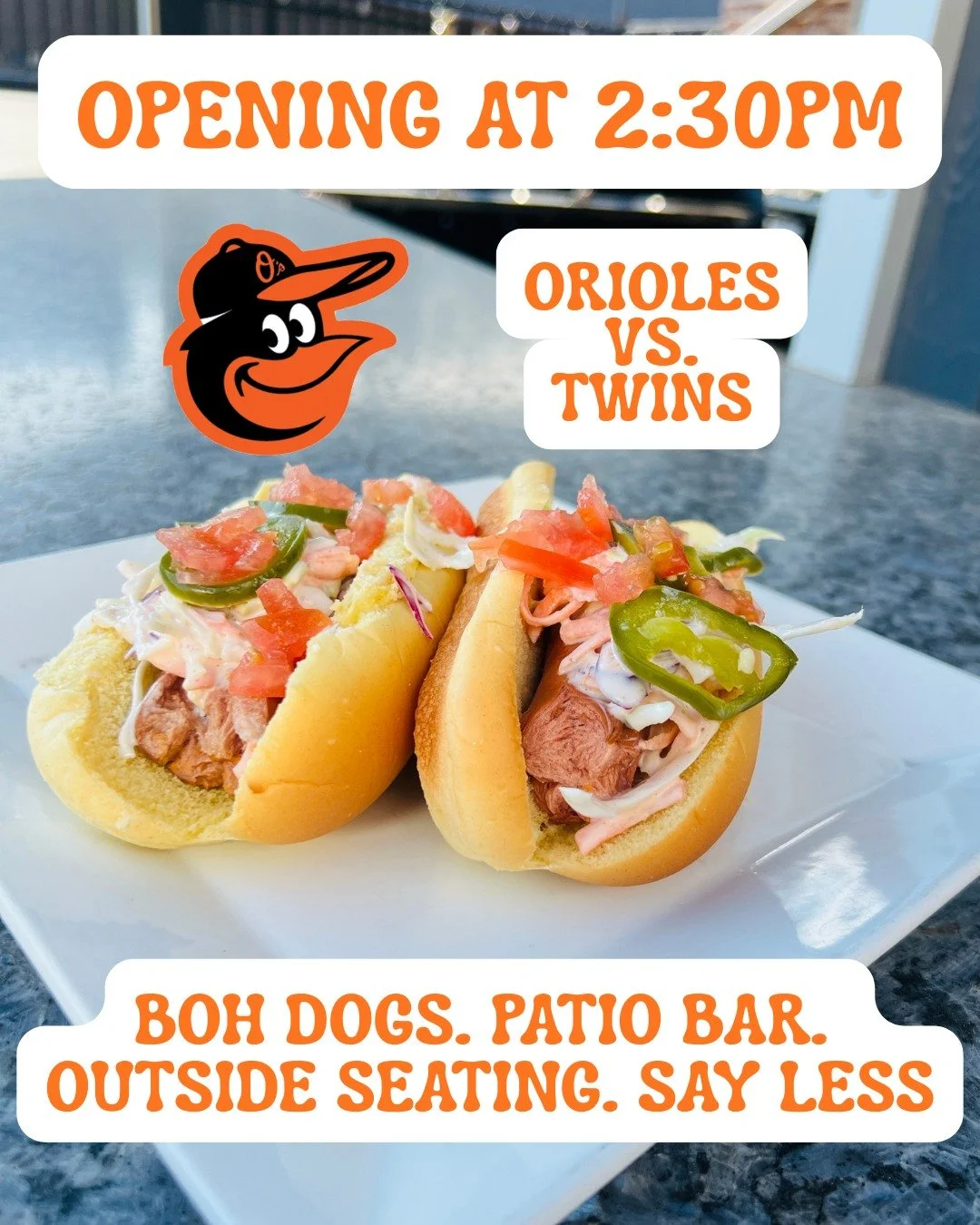 Nothing but sunshine and baseball ☀️⚾️
76&deg; and we&rsquo;re opening early for the Orioles!
Patio is open, bar is flowing 🍹
Boh Dogs dogs ready to go 🌭
Pull up, grab a drink, and catch every inning with us!
 
**Boh Dogs (and patio bar seating😉) 