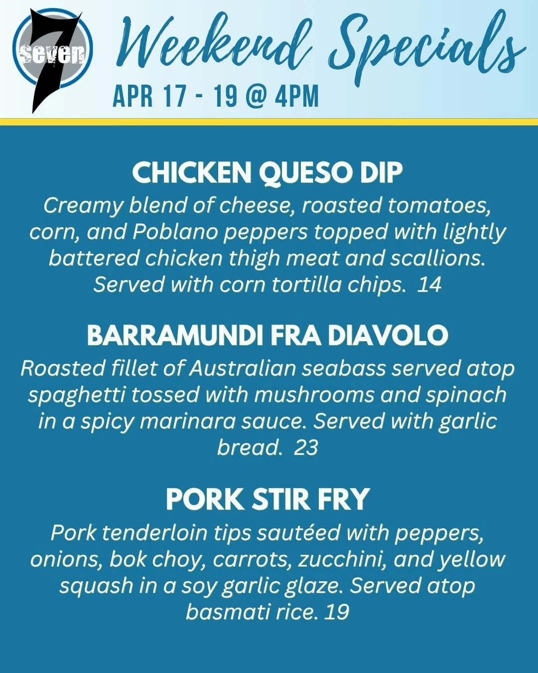 Weekend specials are here 🙌
Skip the cooking and let us handle dinner tonight.

Dine in or order online 👇
https://order.toasttab.com/online/seven-sports-bar