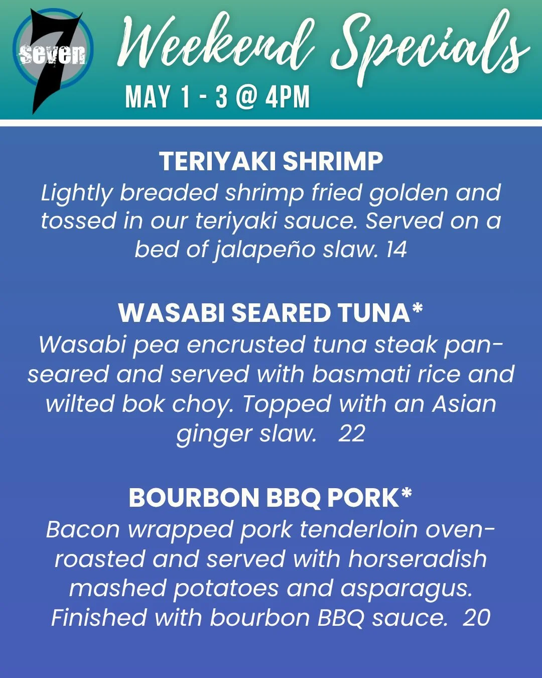 Hello May 🌸 Weekend specials are here!

Dine in or order online here 👇
https://order.toasttab.com/online/seven-sports-bar
