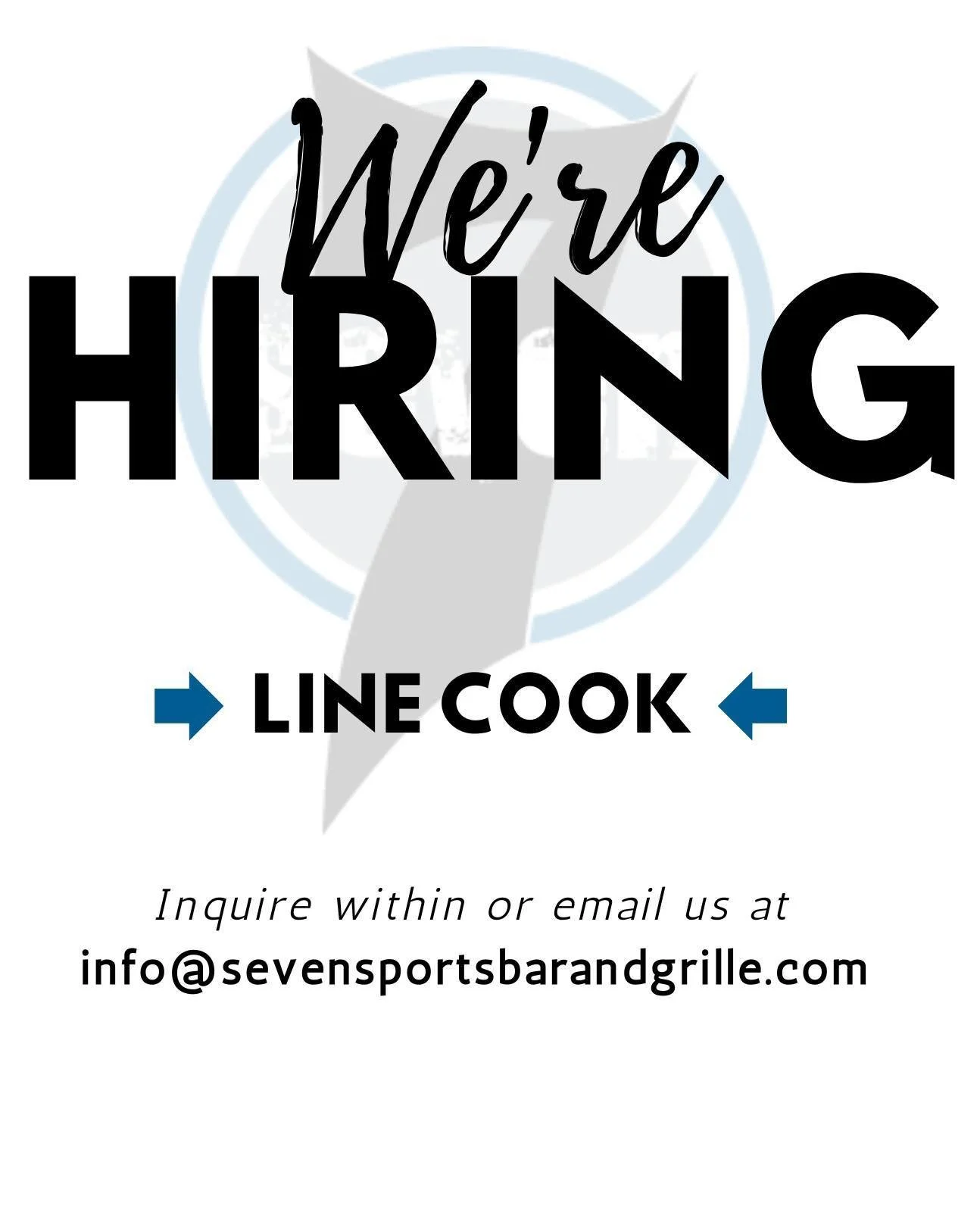 🌟 We&rsquo;re Hiring &ndash; Join Our Team! 🌟
Now looking for motivated individuals to fill a Line Cook position!
📄 Apply online through our website
🏃&zwj;♂️ Stop in and apply in person
📩 Email us at info@sevensportsbarandgrille.com