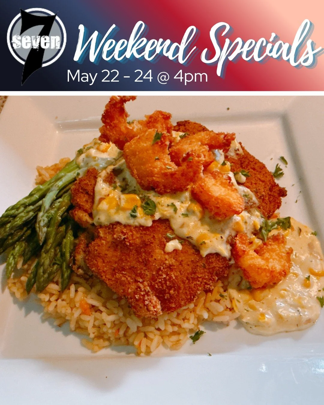 Don&rsquo;t let the rain ruin your plans 🌧️
Come grab a plate of our weekend specials!
https://bit.ly/7-online-orders
📸:CATFISH LAFAYETTE
(Cajun panko encrusted catfish fillet fried golden and served with rice pilaf and asparagus. Topped with a roa