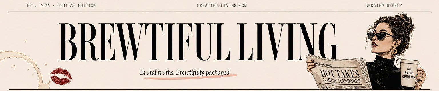 Brewtiful Living masthead with illustrated editor holding coffee and a newspaper