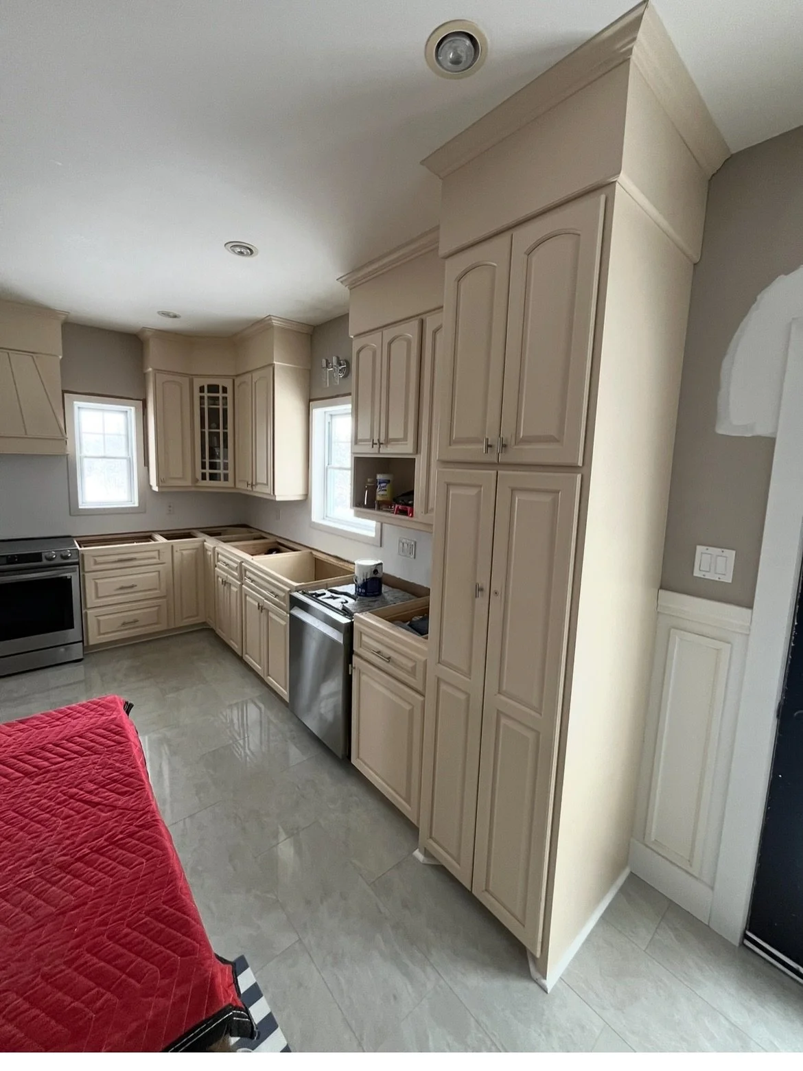 Getting started on a new kitchen cabinet makeover plus two tone staircase (rendering in black and white).