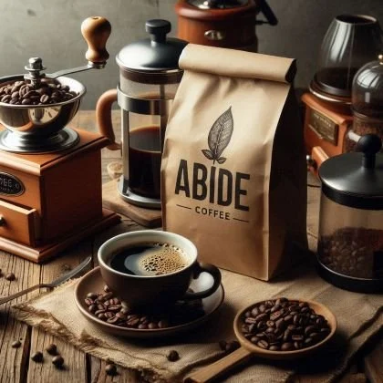 Excellent whole bean coffee in coffee bag with cup of coffee and coffee beans