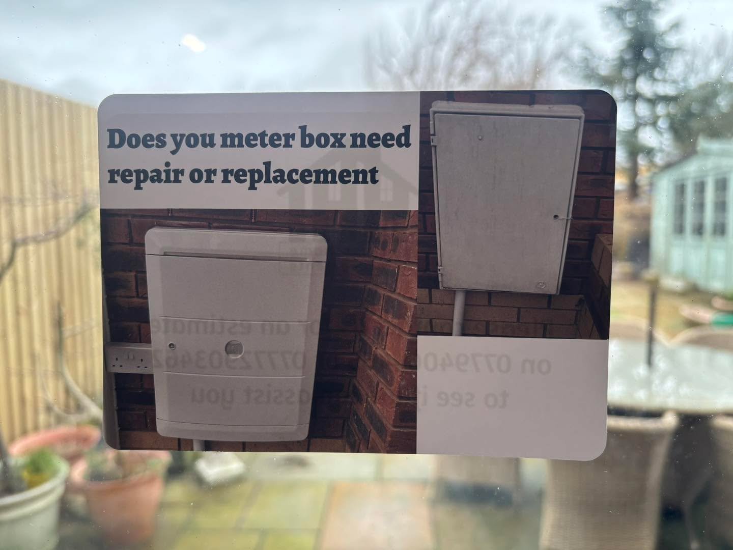 Is your meter box looking tired ?
Is the door hanging off?
Is the latch or key even working ?
Well&hellip;
It&rsquo;s time to hide the old and use a overmeter board to bring in the new.

Call us with your enquiry.
07794064465 or 07772903462