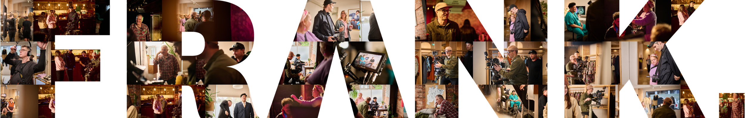 Frank Productions Logo - Collage of candid photos from a film or television production set, showing people working with cameras, microphones, and lighting, as well as scenes of actors and crew in various indoor locations.
