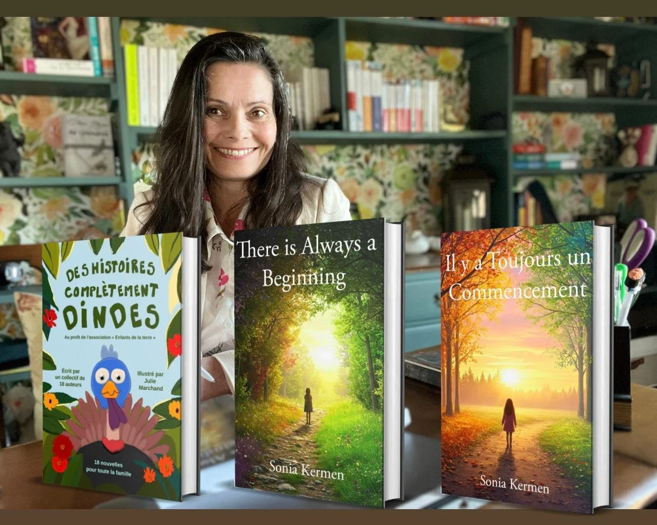 Une femme souriante devant une bibliothèque, avec trois livres ouverts devant elle, dont deux de Sonia Kermen et un de Julie Marchand.