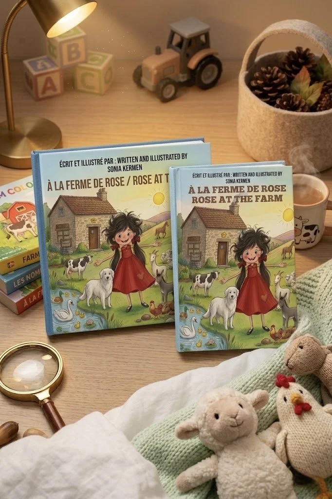 Two children's books titled 'Rose at the Farm' with colorful illustrations of a girl in a red dress, farm animals, and a pond, placed on a wooden surface. Nearby are plush toys, a magnifying glass, a cup with steam, a small tractor toy, alphabet blocks, and a plant in a cozy container. A lamp illuminates the scene.