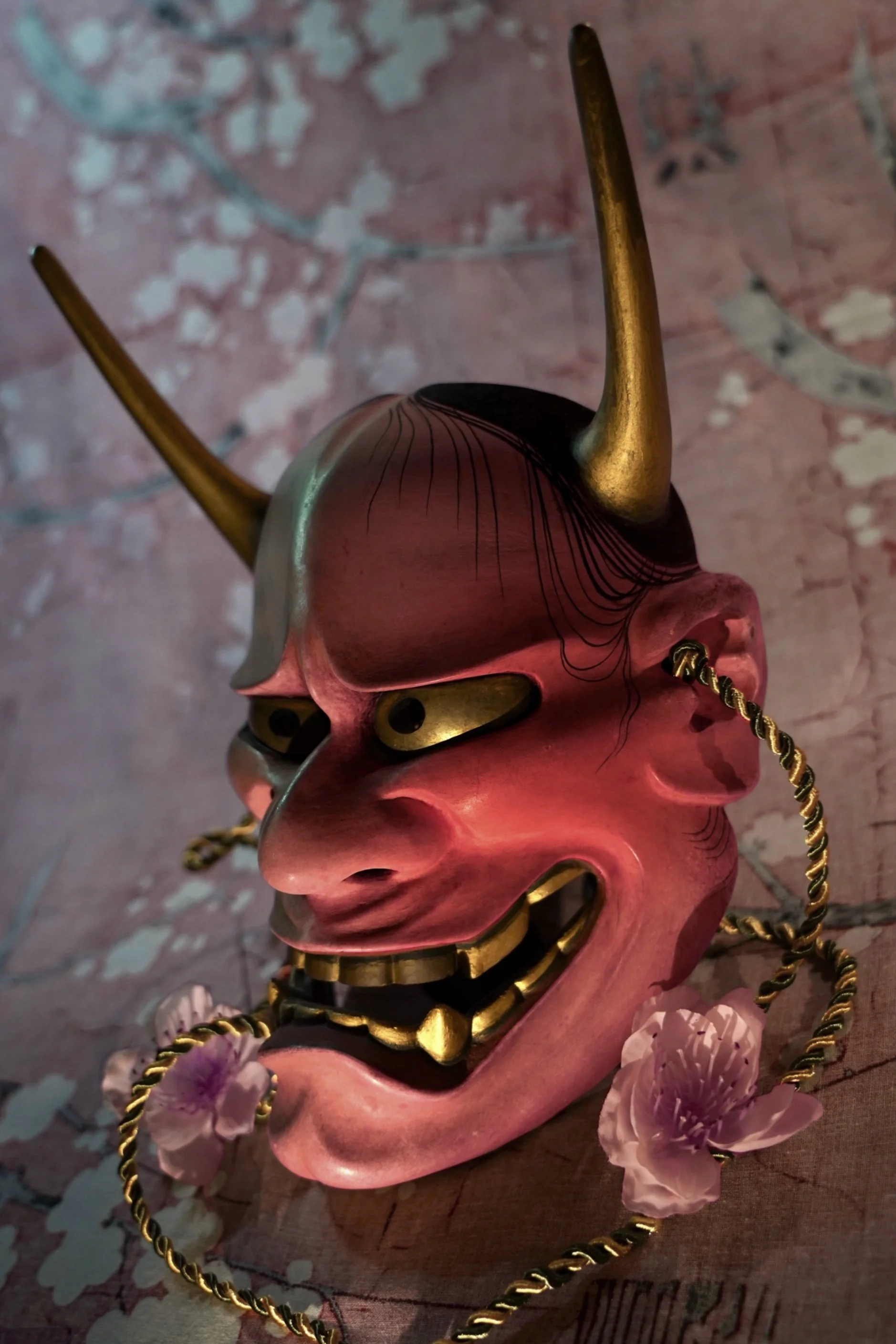 A theatrical Hannya noh mask resembling a demon with a pink face, gold accents, and two gold horns, adorned with golden cords and pink flowers, set against a pink textured background.