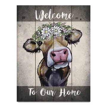 Wooden Welcome Sign with Cow