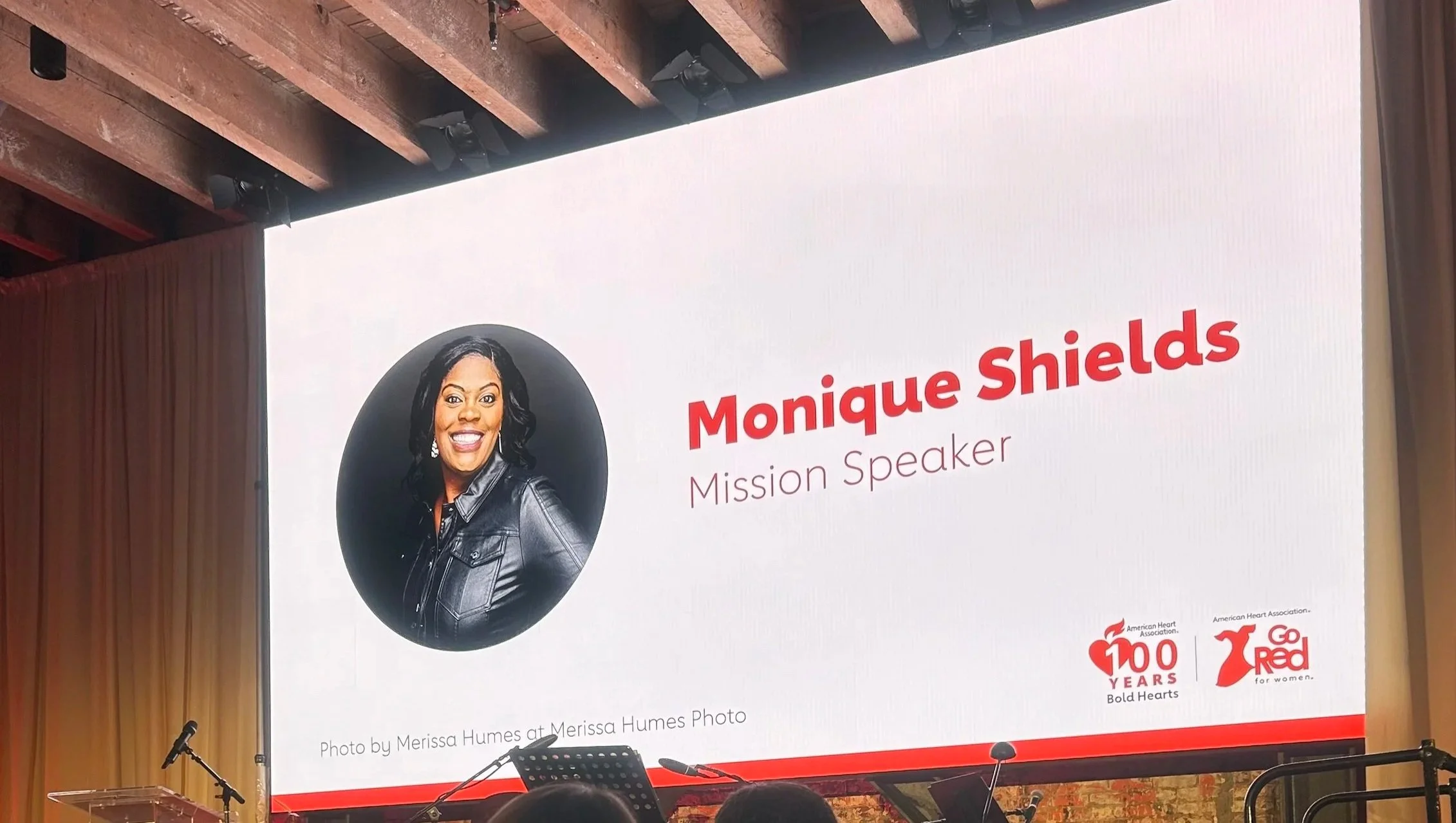 Monique Shields speaking at the American Heart Association Go Red for Women Experience, 2024.