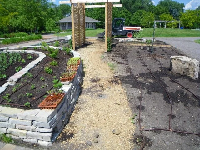 Image showing drip irrigation installed before planting and mulching at an edible fruit and herb landscape in Roseville, MN which the landscape designer author designed